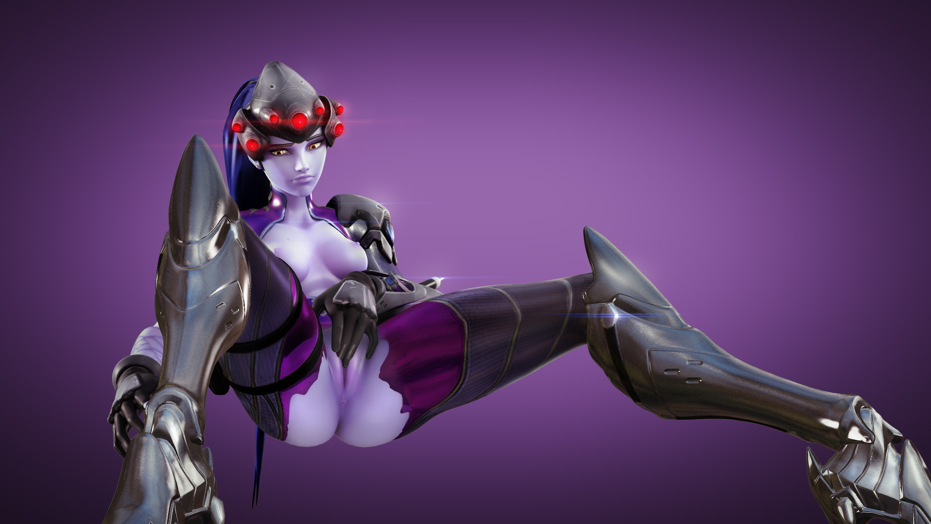 3d, areolae, breasts, female, female only, fpsblyck, masturbation, nipples, overwatch, pussy, solo, spread legs, widowmaker