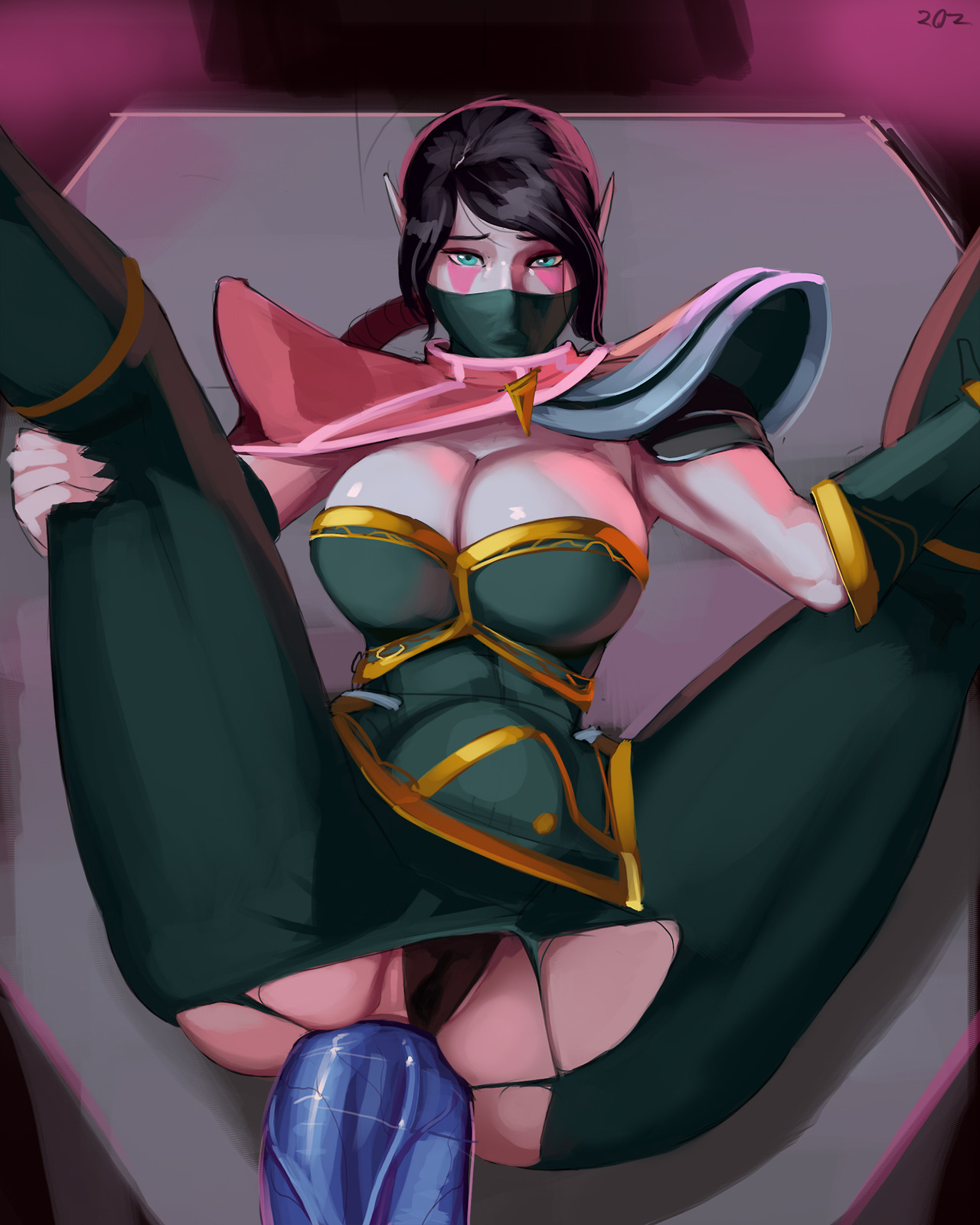 1boy, 1girls, aka6, anal, anal sex, black hair, black panties, blue skin, breasts, cleavage, dota, dota 2, duo, faceless male, facial markings, female, highres, huge cock, lanaya, large breasts, looking at viewer, lying, male, male pov, mask, on back, panties, penis, pink skin, pointy ears, pov, sex, shoulder pads, stomach bulge, straight, templar assassin, tight fit, torn clothes, veiny penis