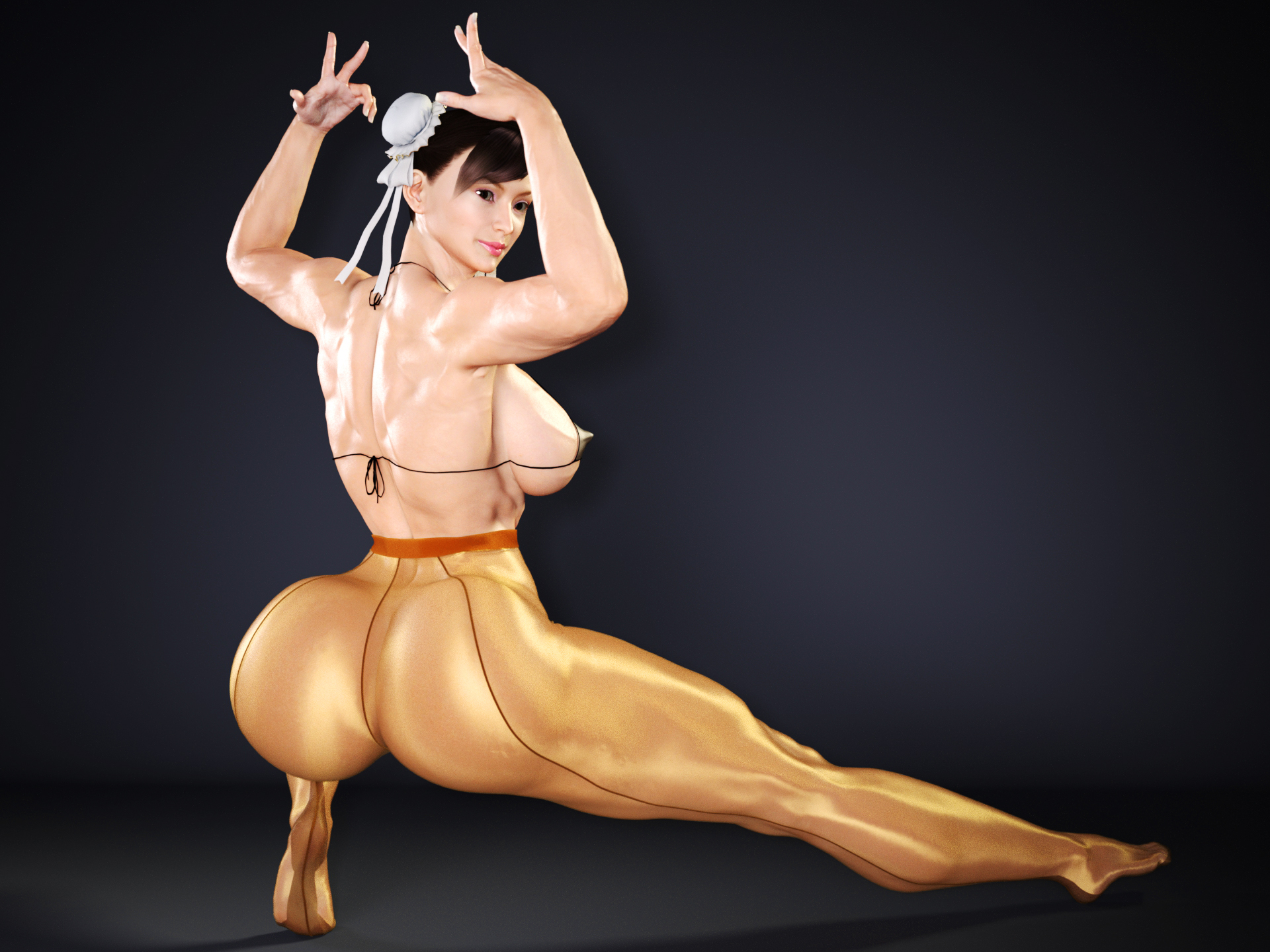 3d, asian, ass, back, back muscles, back view, bangs, bikini top, breasts, brown hair, bun cover, capcom, chun-li, clothed, double bun, feet, female, female only, flexing, full body, hair bun, highres, huge ass, human, kou, large breasts, lipstick, muscles, muscular, muscular female, nipple bulge, pantyhose, pink lipstick, sideboob, simple background, skimpy, skin tight, soles, solo, squatting, street fighter, thick thighs, toes, wide hips