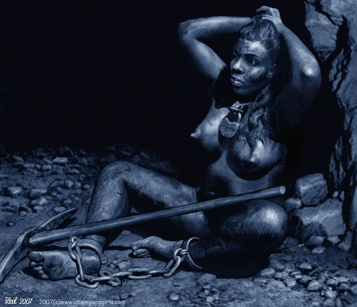 ankle_cuffs barefoot bondage breasts chains coal collar cuffs feet femsub forced_labor hard_labor labor mine mining nude pickaxe slave slave_labor soles tibool