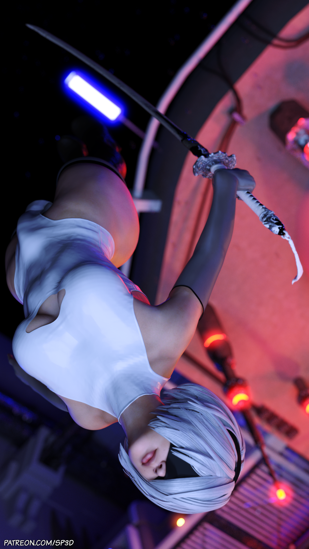 1futa, blindfold, bulge, futa only, futanari, intersex, leotard, nier, nier: automata, short hair, solo, squarepeg3d, white hair, yorha 2b