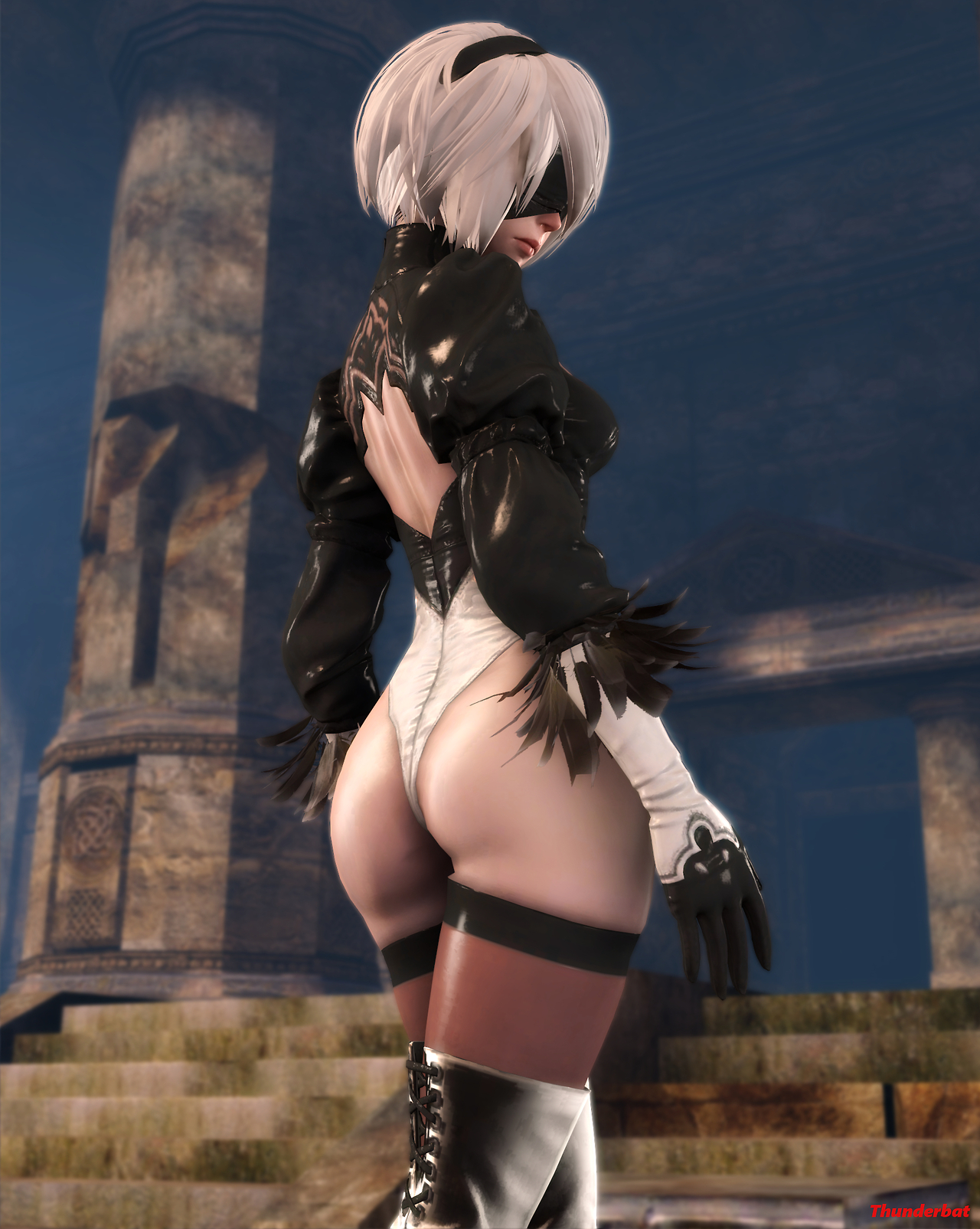1female, 1girls, 3d, ass, ass focus, backless outfit, blindfold, female, female only, generalthunderbat, leotard, nier, nier: automata, panties, solo, yorha 2b