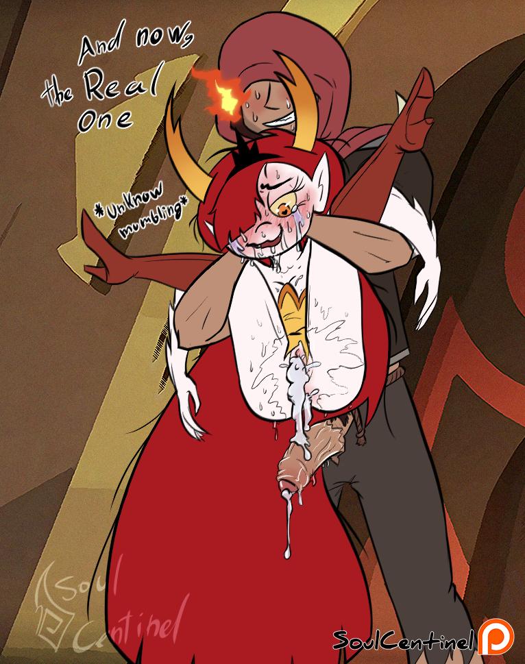 1boy, ass, blush, carrying, cum, cum in ass, cum in pussy, dialogue, eyeless male, fangs, female, flames, full nelson, hekapoo, horns, male, marco diaz, monster girl, pussy, red hair, sex, soulcentinel, star vs the forces of evil, tagme, torn clothes