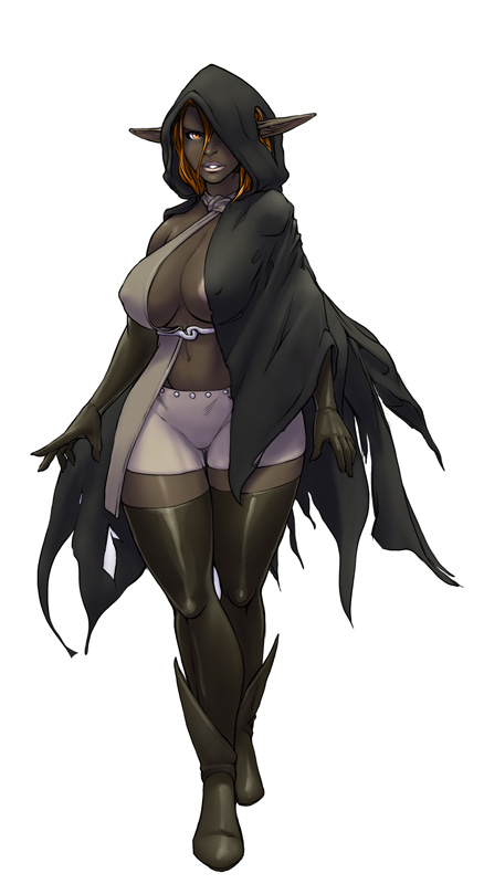 black dame (legend of queen opala), boots, breasts, dark elf, dark skin, dark-skinned female, female, female only, full length, gloves, inner sideboob, legend of queen opala, navel, nipples, orange hair, sanny, skimpy, standing