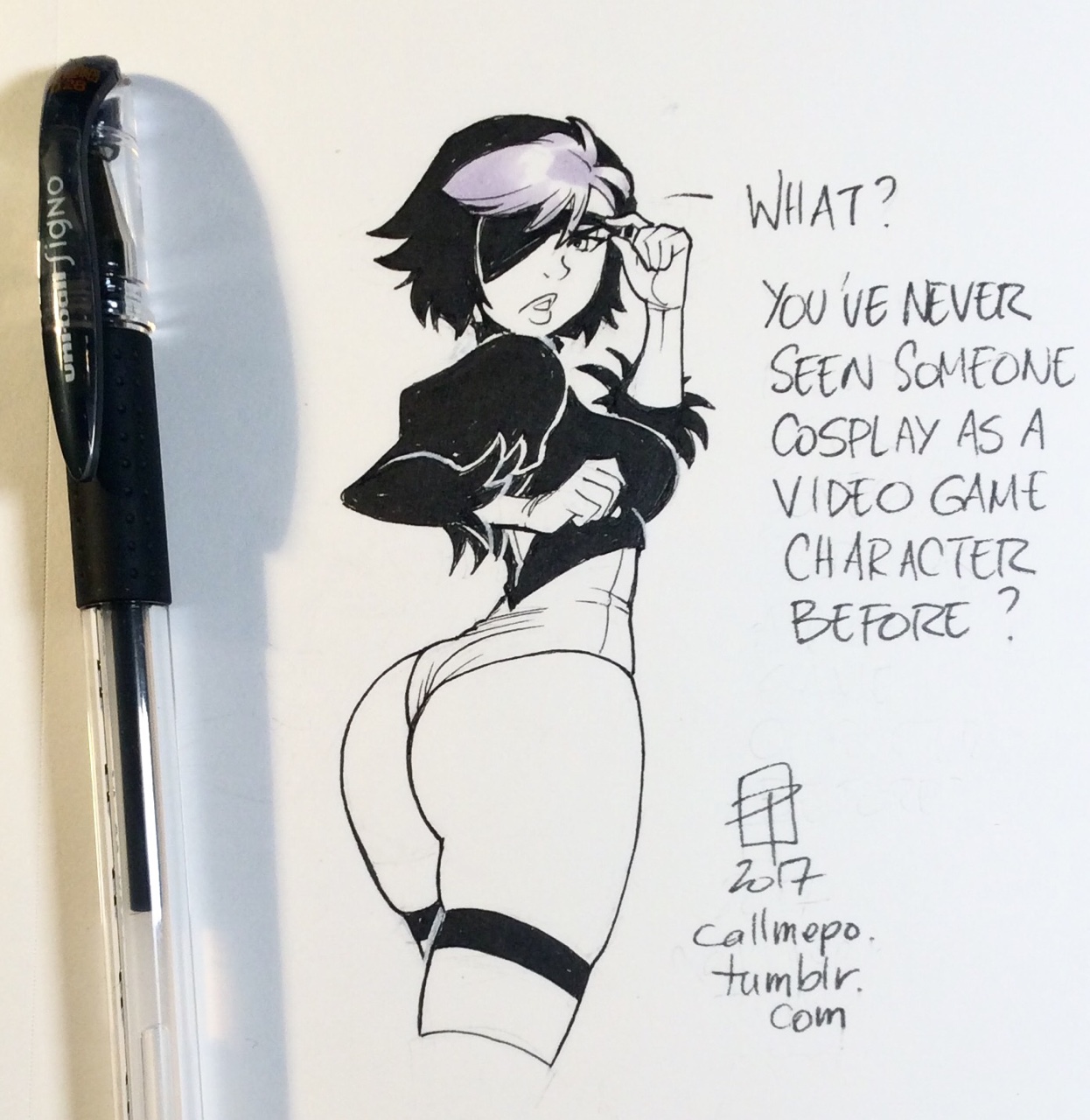 1girls, 2017, ass, big ass, big hero 6, black hair, blindfold, bubble ass, bubble butt, callmepo, cosplay, disney, female, female only, gogo tomago, marvel, marvel comics, monochrome, nier (series), nier: automata, panties, silver hair, solo, two-tone hair, wide hips, yorha 2b (cosplay)