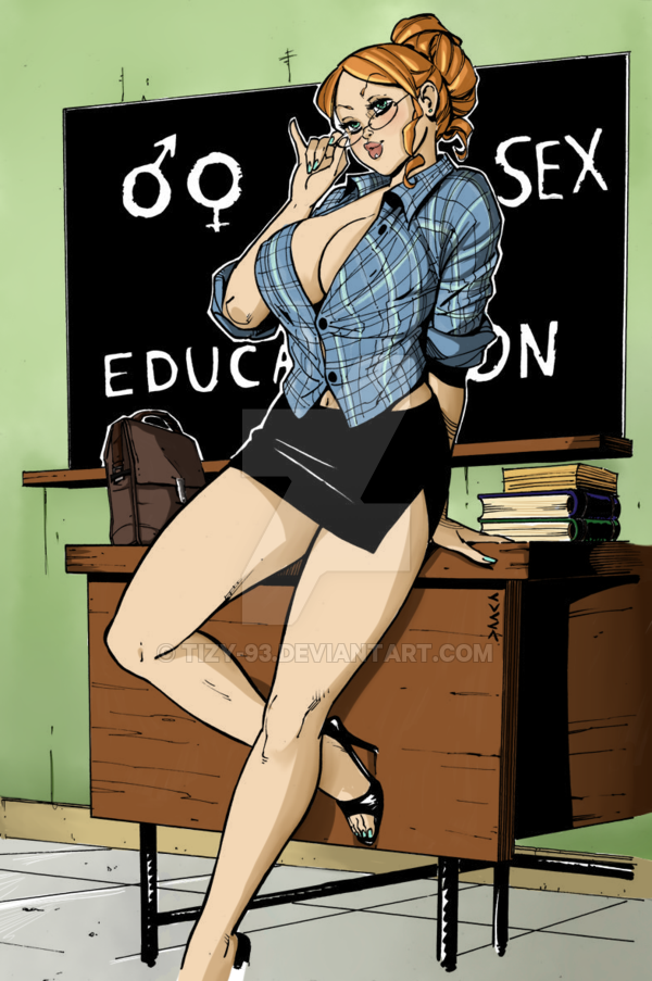 1girls ass auburn auburn_hair black_skirt blackboard classroom copper_hair deviantart_username female glasses hot_charlotte large_breasts leaning_back red_hair sex_ed sex_education skirt teacher tizy-93 watermark