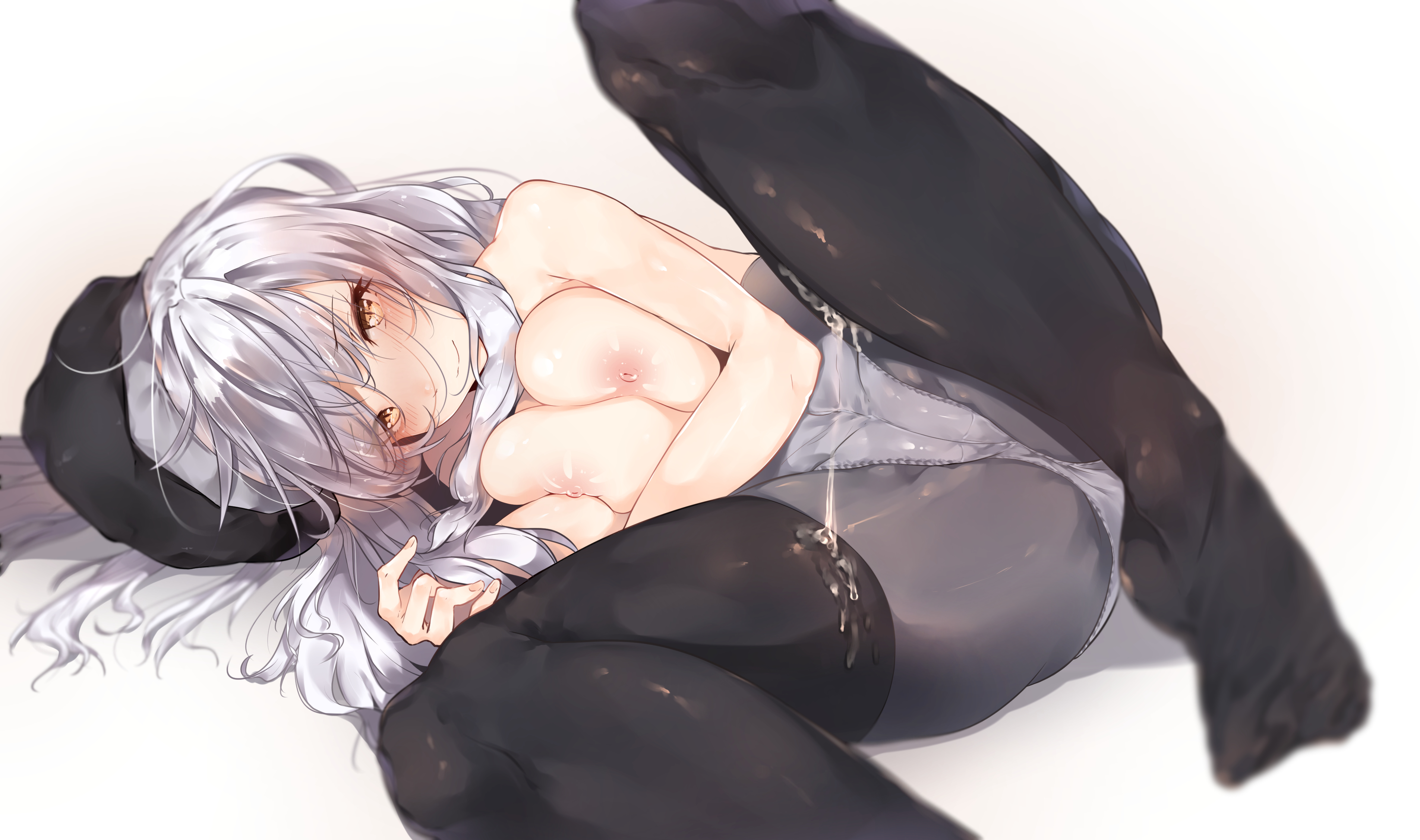 1girls, absurdres, blush, breast squeeze, breasts, caren ortensia, cum, cum on clothes, fate (series), fate/hollow ataraxia, female, hat, highres, hplay, large breasts, long hair, looking at viewer, lying, nipples, on side, panties, panties under pantyhose, pantyhose, silver hair, solo, spread legs, thighhighs, thighhighs over pantyhose, topless, type-moon, underwear, yellow eyes