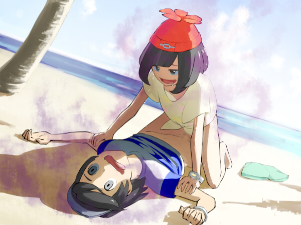1boy, 1girls, aura, baseball cap, beach, beanie, black hair, bottomless, bracelet, clothed sex, cowgirl position, drooling, elio (pokemon), empty eyes, female, femdom, half-closed eyes, hat, holding, horizon, human, human only, hypnosis, male, mind control, navel, nintendo, ocean, on back, on ground, on top, open mouth, outdoors, pale skin, penetration, penis, pinned, pokemon, pokemon sm, pussy, rape, restrained, saliva, sand, selene (pokemon), sex, shirt, shirt lift, short hair, short sleeves, shorts, shorts removed, sky, smile, straight, striped shirt, t-shirt, tagme, tree, vaginal penetration, water