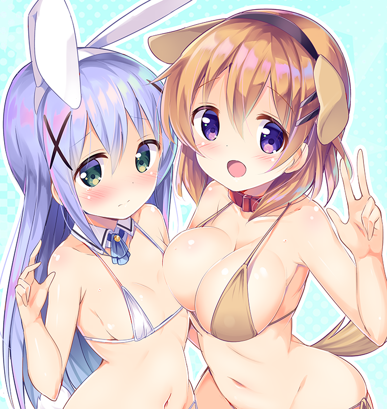 2girls animal_ears arched_back arm_up armpits ascot asymmetrical_docking bare_arms bare_shoulders bikini black_hairband blue_background blue_hair blush breast_press breasts bunny_ears cleavage collar collarbone detached_collar dog_ears dog_tail embarrassed eyebrows_visible_through_hair fake_animal_ears gochuumon_wa_usagi_desu_ka? green_eyes hair_ornament hairband hairclip hand_gesture hoto_cocoa kafuu_chino kurou_(quadruple_zero) large_breasts light_frown long_hair looking_at_viewer micro_bikini multiple_girls navel orange_bikini orange_hair polka_dot polka_dot_background purple_eyes shiny shiny_hair shiny_skin short_hair simple_background small_breasts stomach swimsuit tail tareme teardrop upper_body v very_long_hair w white_bikini white_hairband wing_collar x_hair_ornament