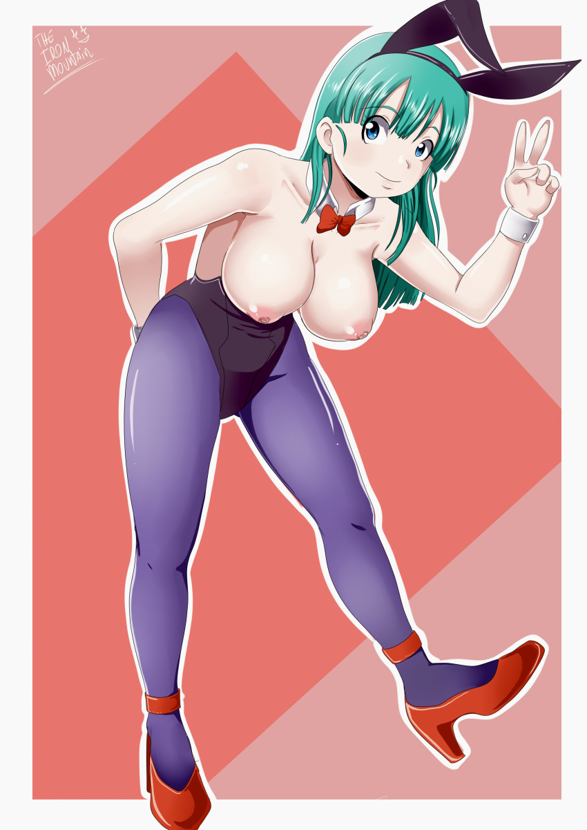 1girls, areolae, big breasts, blue pantyhose, breasts, bulma (bunny), bulma briefs, bunny ears, bunny girl, bunnysuit, dragon ball, dragon ball (classic), exposed breasts, female, heels, looking at viewer, nipples, pantyhose, peace sign, solo, tease, teenage bulma, teenager, theironmountain, v, v sign