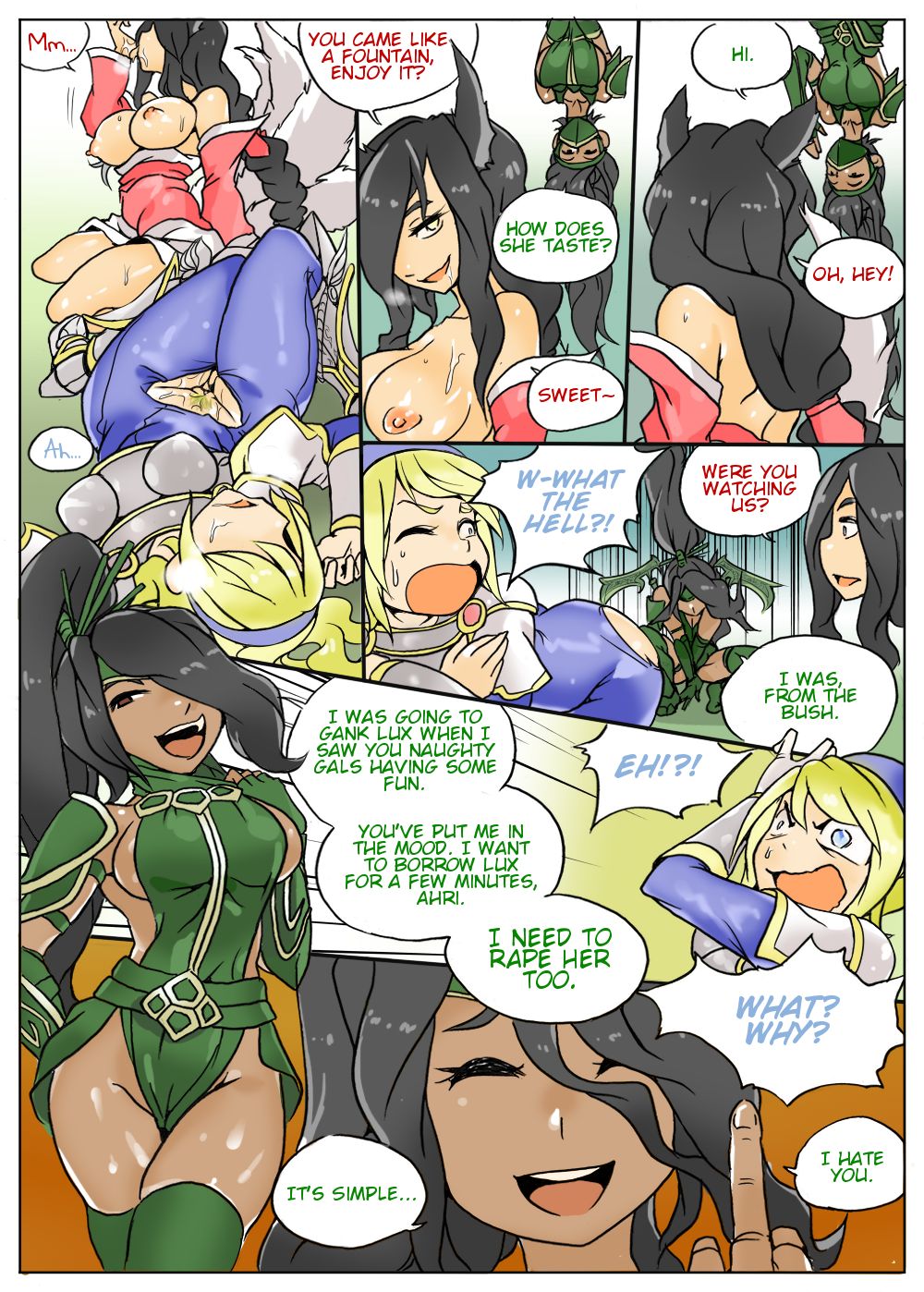 ahri akali animal_ears big_breasts breasts comic english_text female forced forced_yuri fox_ears human humanoid kimmundo league_of_legends luxanna_crownguard mammal multiple_tails nipples open_mouth outdoors pussy rape text torn_clothing yuri