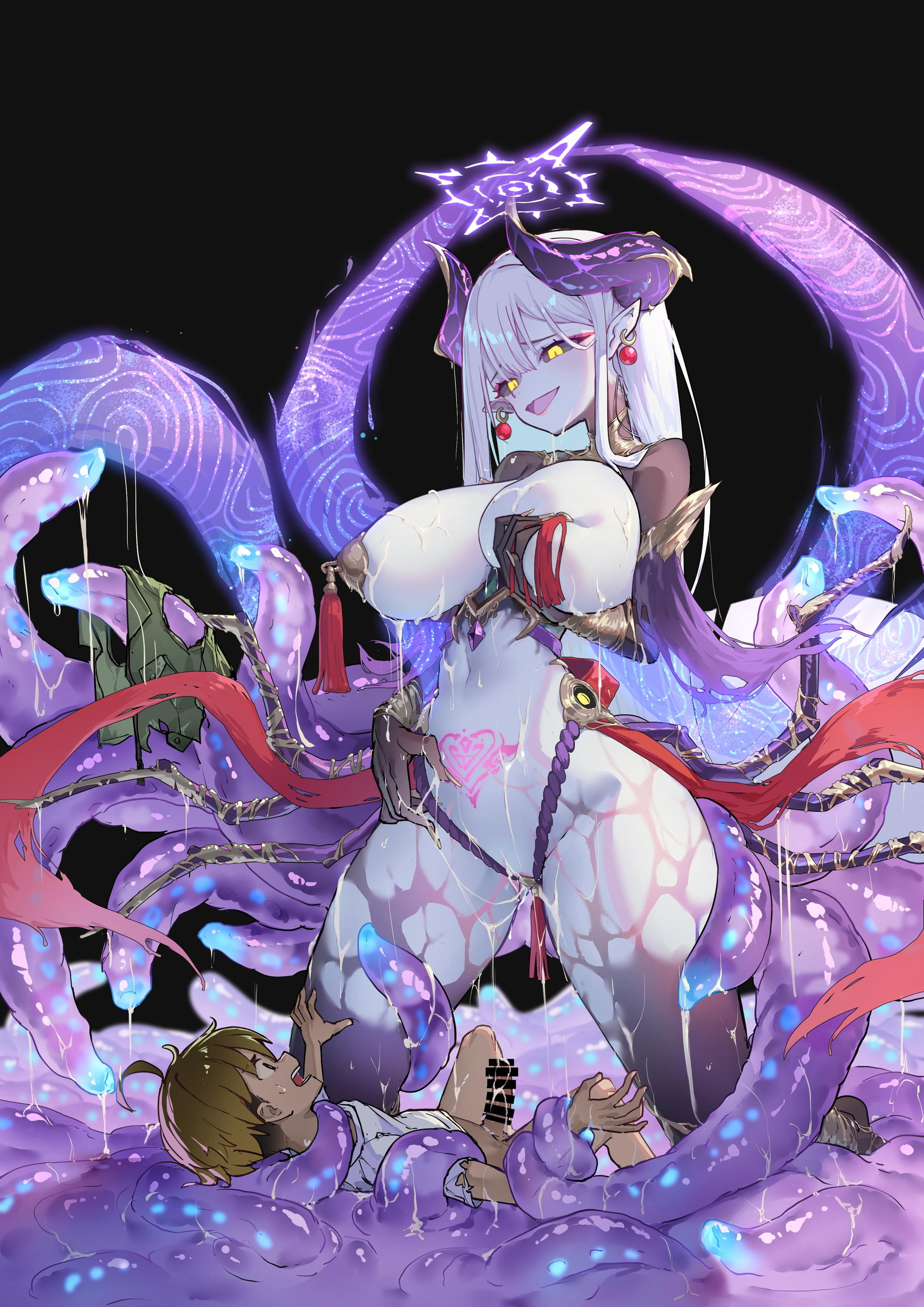 1boy, 1girls, ahoge, big breasts, black sclera, breasts, brown hair, censored, demon, demon girl, demon horns, earrings, female, fondling, fondling breast, fondling self, groping, groping self, halo, horns, imminent sex, larger female, male, nipple tassels, oboobso, oc, older female, original, osisio, pasties, size difference, smaller male, tentacle, torn clothes, white hair, yellow eyes, younger male