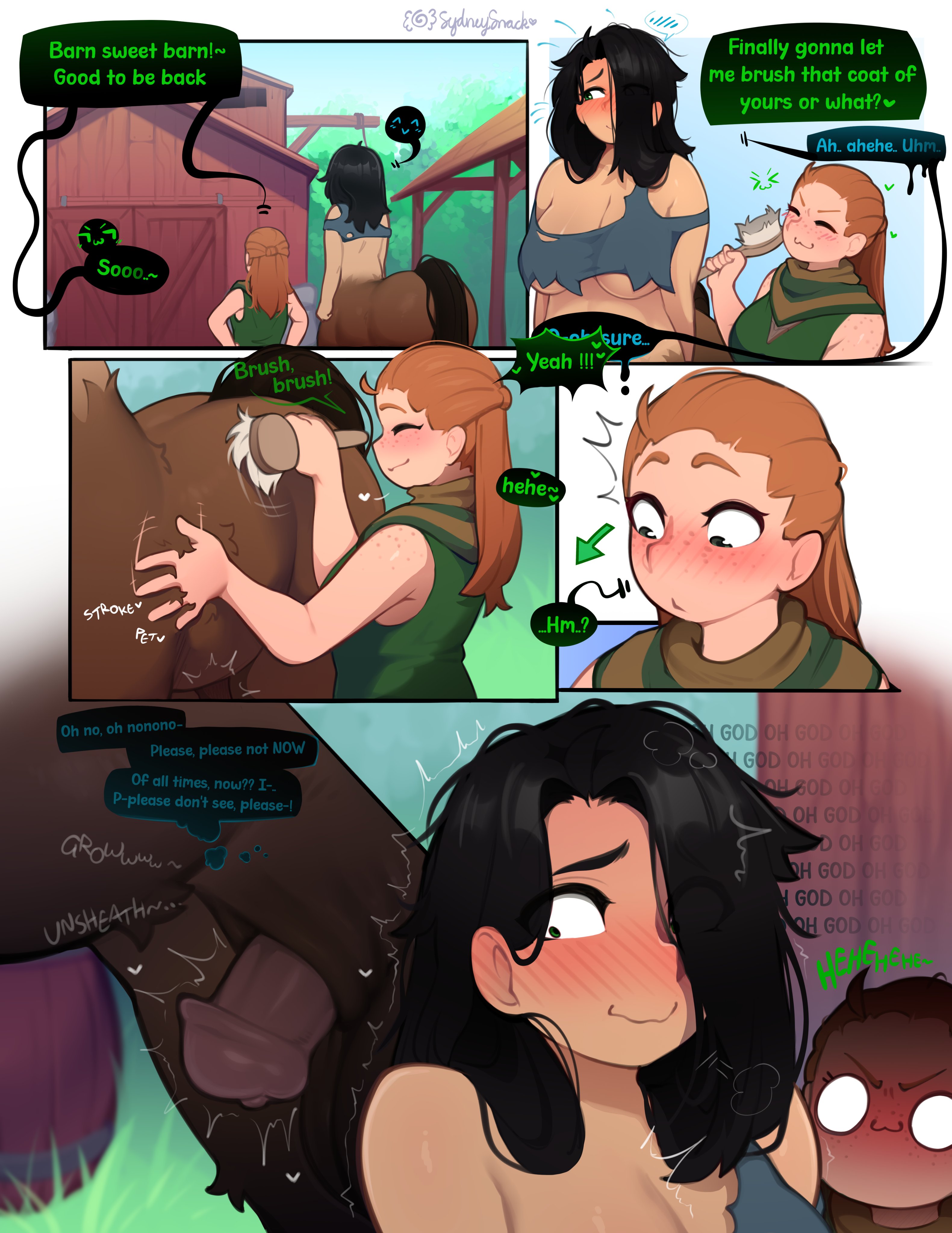 1futa, 1girls, big breasts, blush, blush lines, blushing female, blushing futa, breasts, centaur, clothed, clothing, cute, dark skin, embarrassed, erection, female, fully clothed, futa on female, futanari, getting erect, hiding erection, horsecock, horsecock futa, human, humanoid penis, intersex, large breasts, large tits, light skin, light-skinned female, light-skinned futa, mischievous look, mostly nude, oc, ocs, original character, original characters, penis, sheath, sydneysnack, tagme, tattered clothing, text, uncensored, unsheathing, unwanted erection