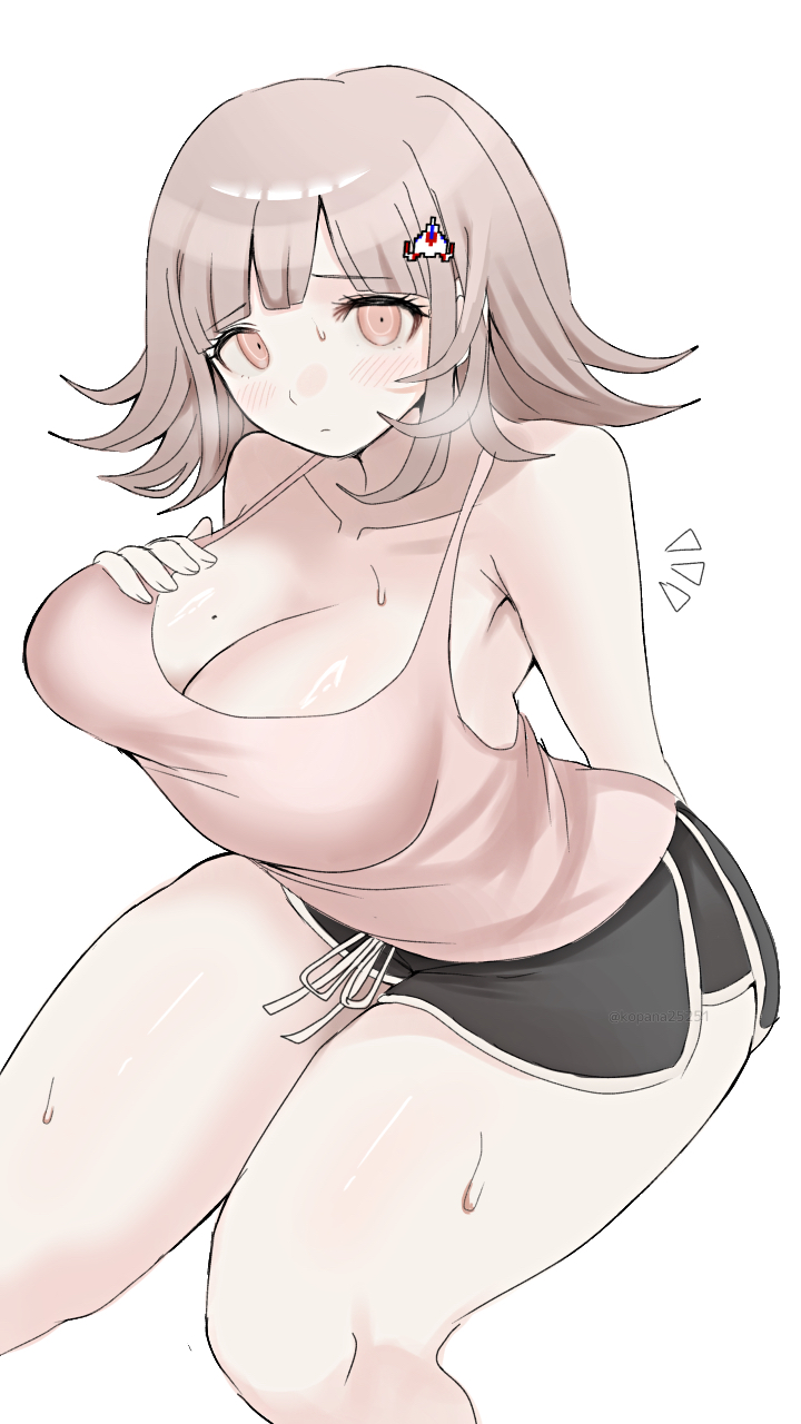 bare shoulders, black shorts, blush, breasts, brown hair, cleavage, danganronpa, danganronpa (series), danganronpa 2: goodbye despair, feet out of frame, female, flipped hair, highres, ikemen'na ore-shi, large breasts, medium hair, mole, mole on breast, nanami chiaki, pink eyes, pink shirt, shirt, shorts, simple background, solo, sweat, white background