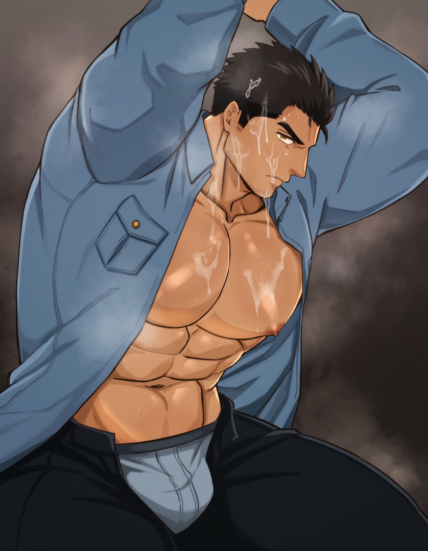 1boy, abs, after orgasm, arms up, bara, beard stubble, beefy, big abs, big areola, big breasts, big bulge, black background, black hair, boxers (clothing), breasts, breasts bigger than head, bukkake, bulge, bulge through clothing, captured, collarbone, cum, cum drip, cum on breasts, cum on chin, cum on face, cum on hair, cum on mouth, cum on upper body, cum string, cumdump, daddy, dark skin, dilf, dripping, dripping cum, erect nipples, forced, frown, fully clothed, gay, harada (basashi), hi res, huge breasts, humiliation, hunk, kneeling, looking at viewer, male, male breasts, male only, male with breasts, manly, mature male, meat toilet, muscles, muscular, muscular male, musk clouds, navel, no body hair, open clothes, oppai, original, original character, pecs, police, police officer, police uniform, resisting, semen, sex, short hair, sideburns, six pack, stare, steam, steaming body, thick eyebrows, torture, tough guy, unzipped, unzipped pants, watery cum, yaoi, yellow eyes