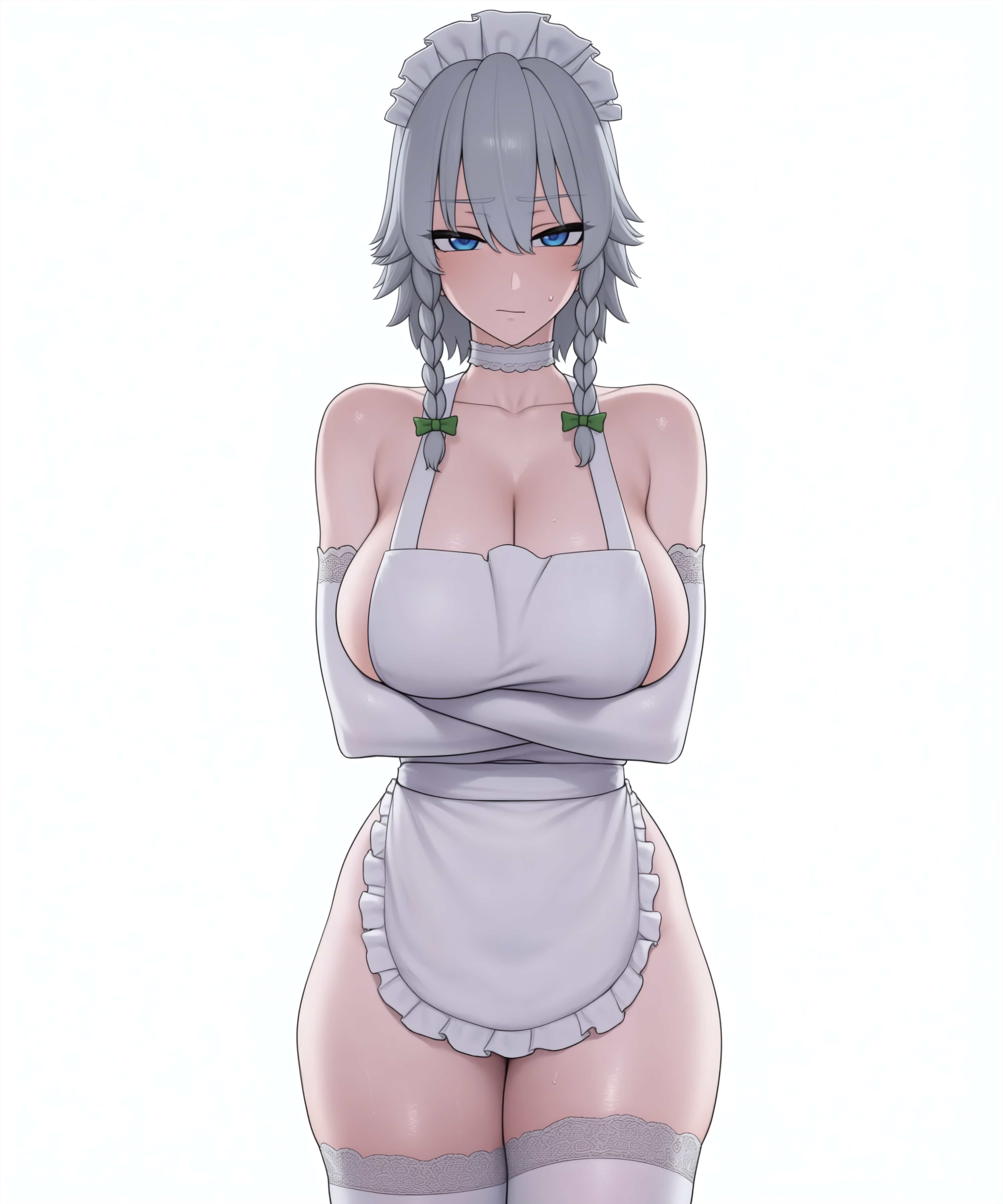 1girl, apron, arms, artist request, at, background, bare, between, blue, blush, bow, braid, braids, breasts, choker, cleavage, closed, collarbone, cowboy, elbow, eyes, frilled, frills, gloves, green, grey, hair, headdress, izayoi sakuya, large, looking, maid, mouth, naked, sakuya izayoi, short, shot, shoulders, sideboob, solo, standing, sweatdrop, thighhighs, thighs, touhou, twin, viewer, white