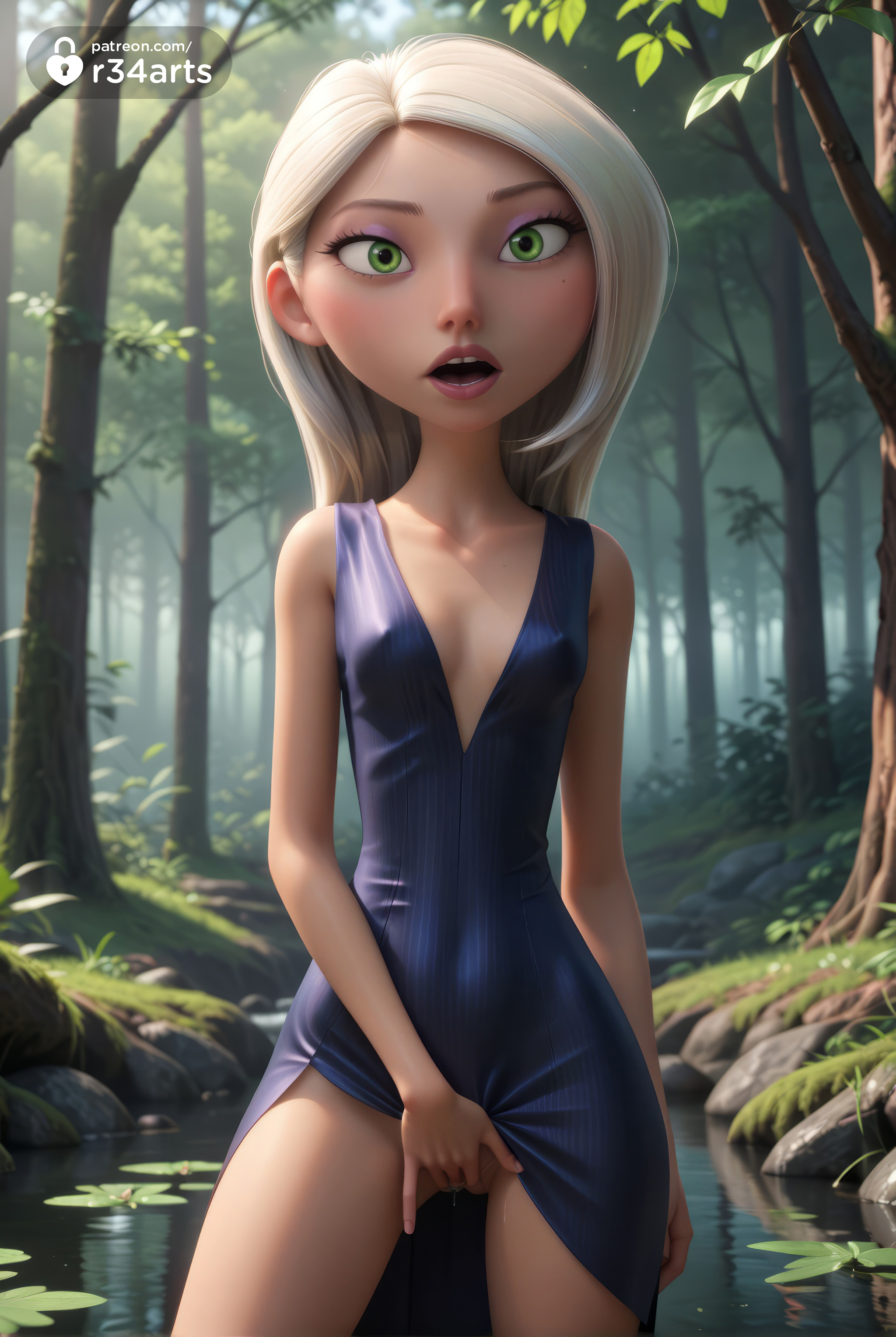 1girls, ai generated, artist name, blonde hair, blue dress, breasts, clothes lift, collarbone, covered nipples, cowboy shot, day, disney, dress, dress lift, eyeshadow, female, female masturbation, forest, green eyes, hi res, lips, long hair, looking at viewer, makeup, masturbation, mirage (the incredibles), mole, mole under eye, nature, no panties, open mouth, outdoors, pixar, pond, pussy, r34arts, sleeveless, sleeveless dress, small breasts, solo, standing, standing masturbation, teeth, the incredibles, tree, uncensored, upper teeth only, wading, water