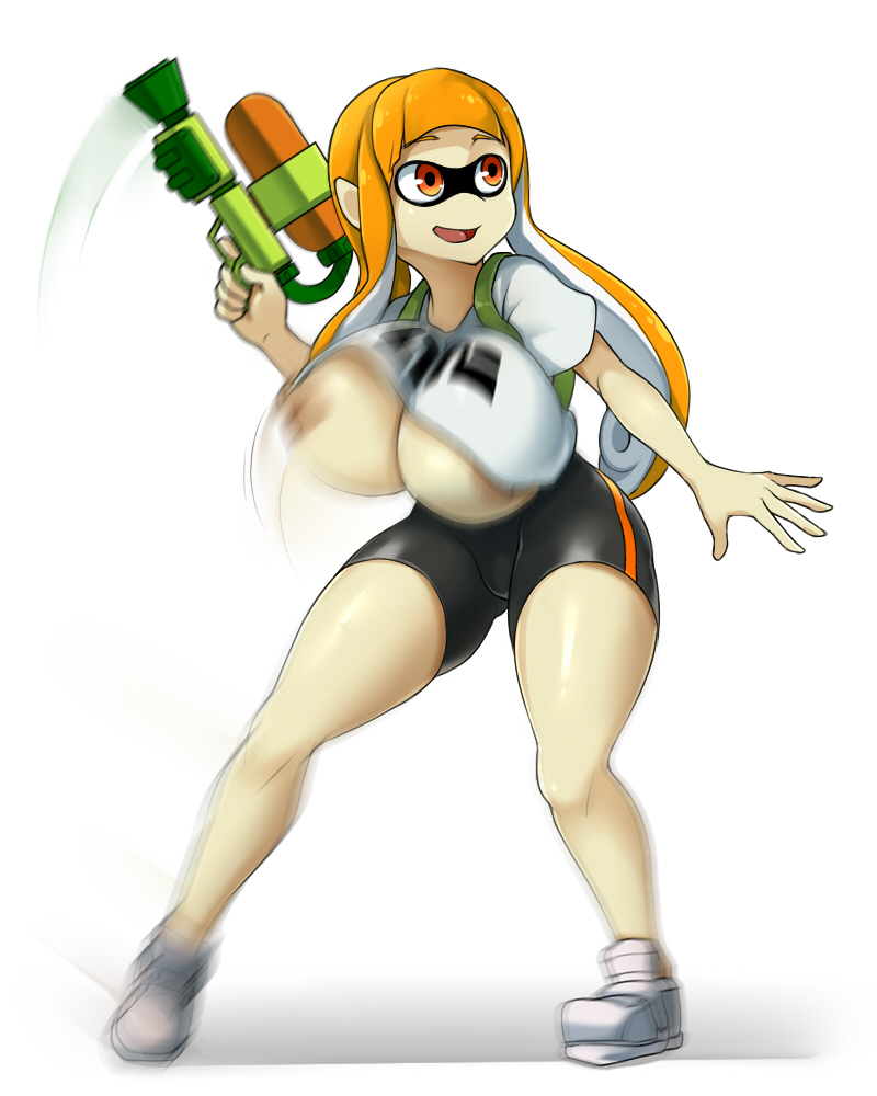 anthro, areolae, big breasts, bouncing breasts, breasts, cephalopod, cephalopod humanoid, female, female only, humanoid, inkling, inkling girl, kaori (splatoon), mask (marking), nintendo, nipples, orange eyes, orange hair, pointy ears, sinensian, solo, splatoon, squid, tentacle, tentacle hair