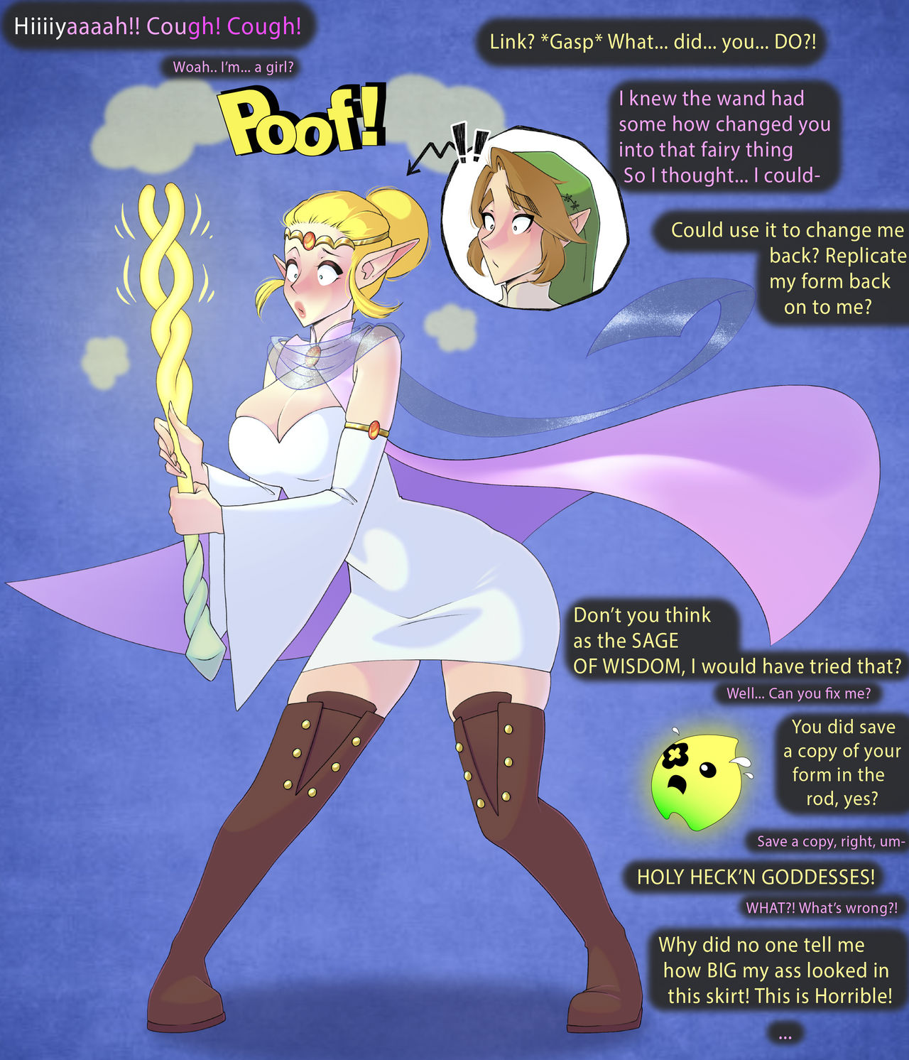 breasts, echoes of wisdom, english text, gender transformation, genderswap (mtf), hylian, jessiestartf, link, rule 63, tagme, text, the legend of zelda, transformation, tri (zelda), tri rod, typo