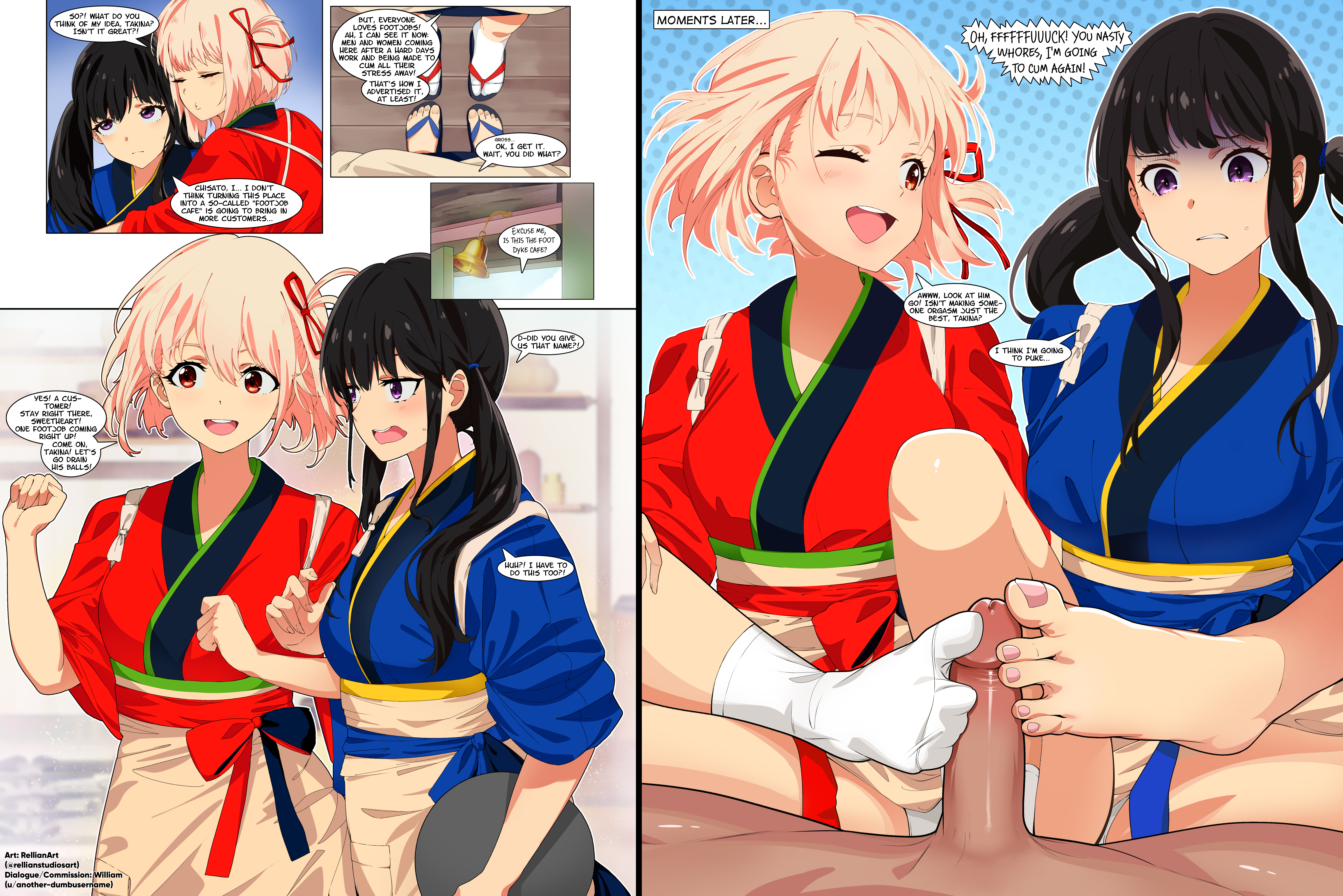 1boy, 2girls, 2girls1boy, clothed female nude male, clothed sex, comic, dialogue, disgusted, disgusted expression, female, foot fetish, footjob, footjob with legwear, inoue takina, kimono, lycoris recoil, male, nishikigi chisato, rellianart, short hair, smile, smiling, smiling at partner, sockjob, socks, tabi, tabi socks, twintails (hairstyle), white socks, white tabi