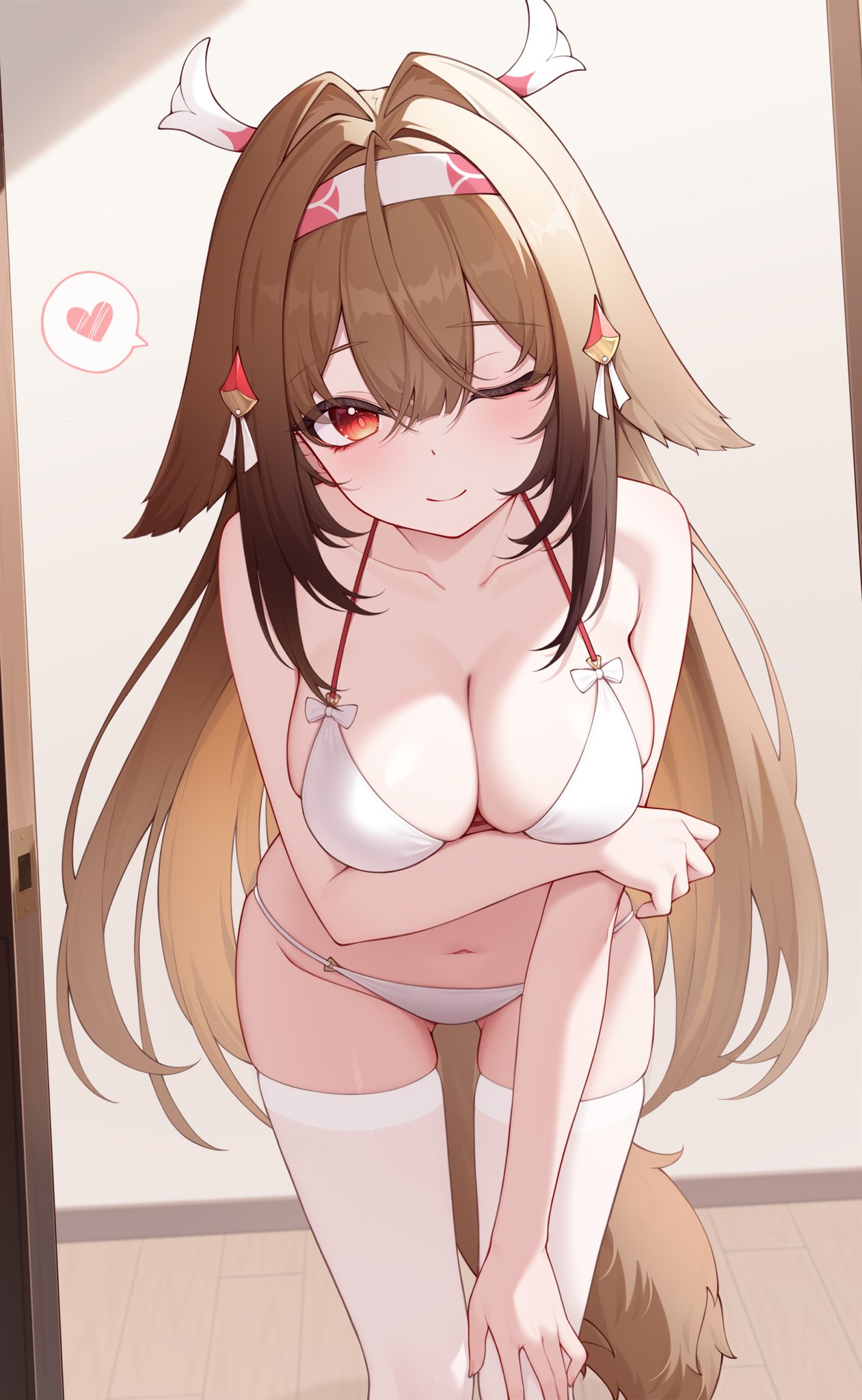 ;), 1girl, 1girls, animal ears, animal humanoid, animal tail, breasts, brown eyes, brown hair, brown hair female, brown-haired female, canine humanoid, exposed breasts, female, female only, fluffy, fluffy tail, fox ears, fox girl, fox humanoid, fox tail, hoyoverse, huge breasts, kemonomimi, lingerie, lingerie only, long hair, looking at viewer, mihoyo, red eyes, red eyes female, red-eyed female, sole female, tail, thighhighs, thighs, very long hair, white lingerie, white thighhighs, wink, winking, winking at viewer, ye shunguang, zenless zone zero