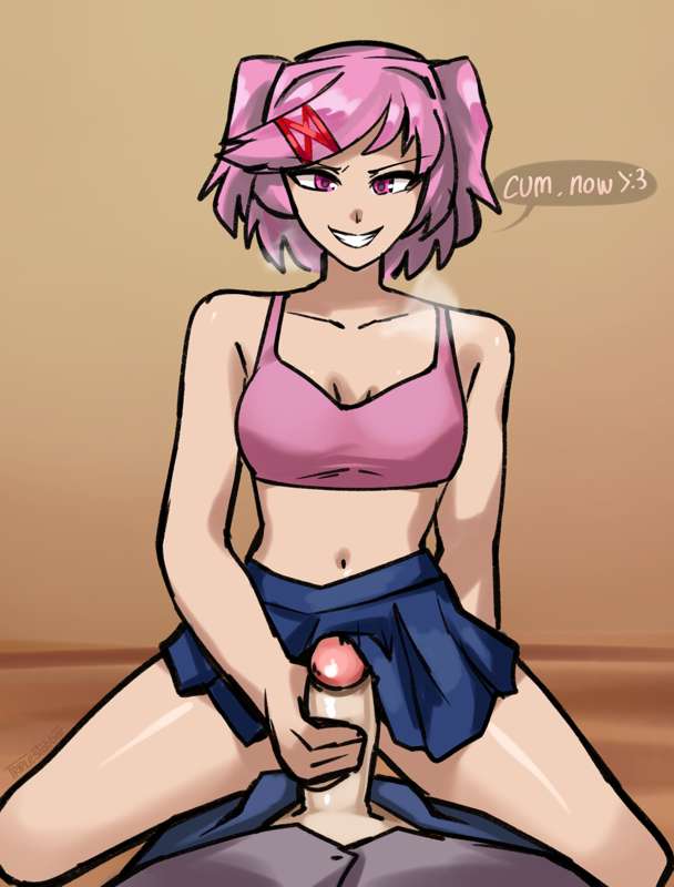 1boy, 1girls, assertive female, breasts, doki doki literature club, female, femdom, handjob, male, natsuki (doki doki literature club), ordering, penis, small breasts, smaller female, triplestabber