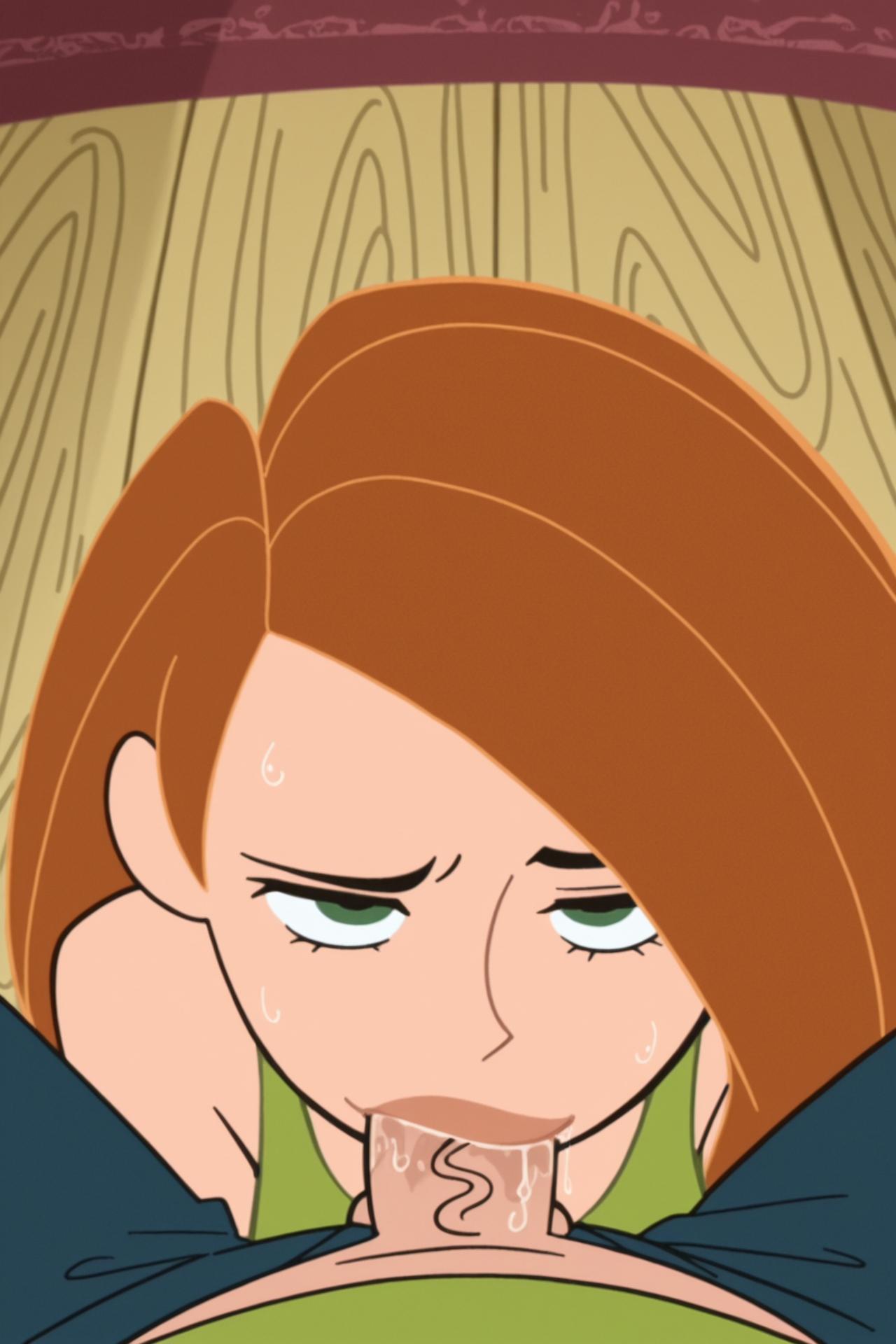 ai generated, blowjob, deepthroat, dirtmaster, disney, green eyes, kim possible, kimberly ann possible, male, penis, pov, pov blowjob, red hair, saliva, saliva drip