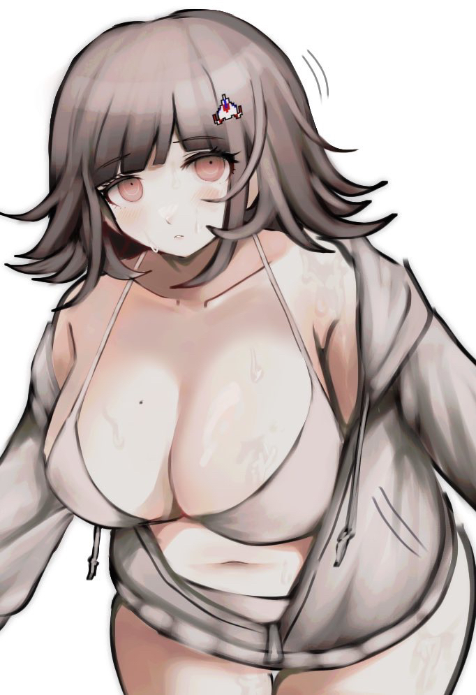 big belly, bikini, breasts, brown hair, cleavage, danganronpa, danganronpa (series), danganronpa 2: goodbye despair, female, flipped hair, grey bikini, hair ornament, ikemen'na ore-shi, jacket, large breasts, long sleeves, looking at viewer, medium hair, mole, mole on breast, nanami chiaki, open clothes, open jacket, pink eyes, shiny skin, solo, swimsuit