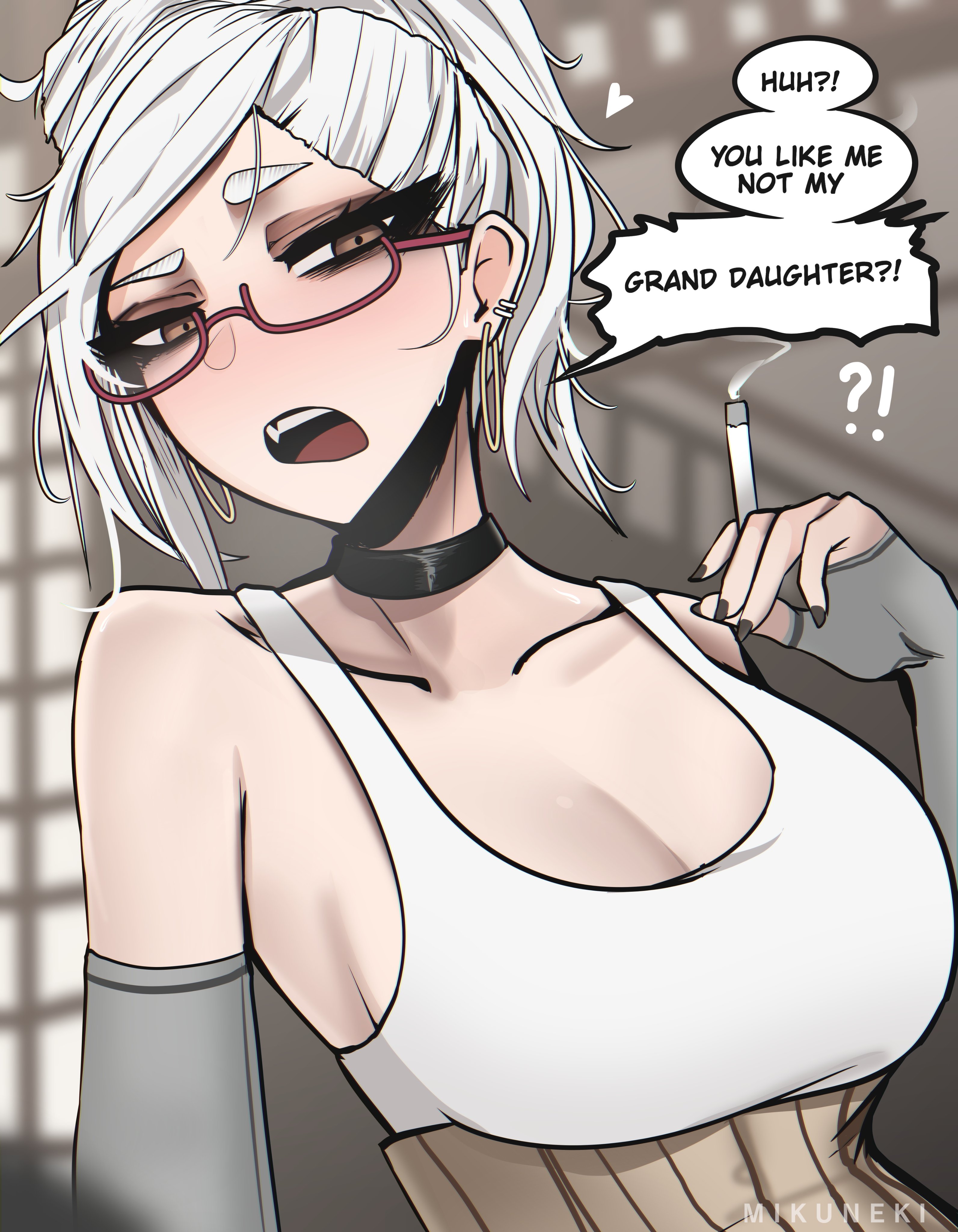 absurdres, artist name, ayase seiko, blush, breasts, brown eyes, cigarette, collarbone, dandadan, detached sleeves, english text, fangs, female, glasses, highres, large breasts, mature female, mikuneki, nails, open mouth, speech bubble, teeth, upper teeth only, white hair