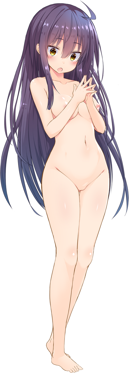 5240mosu :o ahoge barefoot breasts collarbone female fingers_together full_body greatmosu highres large_breasts long_hair natsuiro_koi_uta navel nipples nude official_art purple_hair shiny shiny_skin suwa_shion transparent_background yellow_eyes