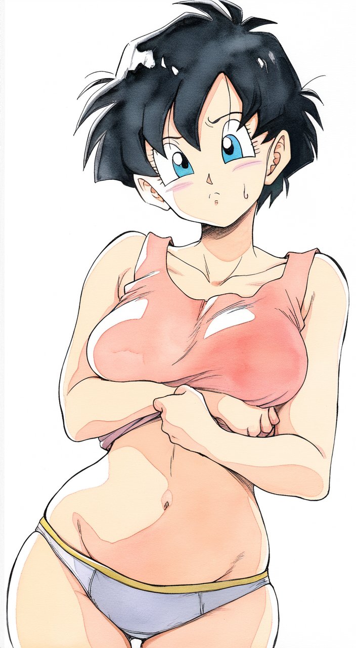 black hair, blue eyes, blush, breasts, clothes lift, clothing, collarbone, cowboy shot, dragon ball, dragon ball z, female, frown, jei games, large breasts, looking at viewer, midriff, navel, panties, shirt lift, short hair, simple background, solo, sweatdrop, tank top, thigh gap, underwear, videl, white background, white panties