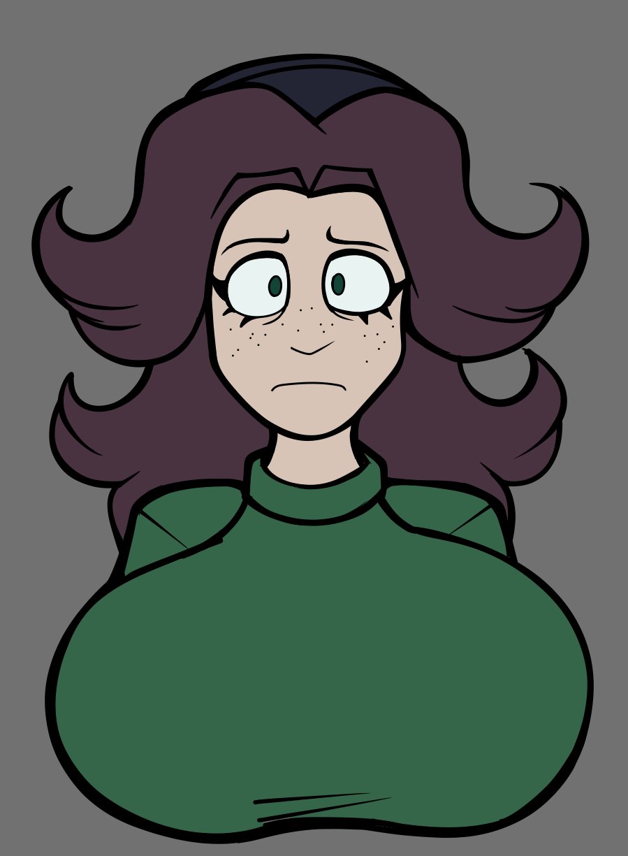 beanie, beat banger, breasts, brown hair, brown pupils, color, colored, doodle, female, focus on chest, freckles, freckles on face, friday night funkin, friday night funkin mod, front view, goon, green sweater, hands behind back, huge breasts, long hair, looking at viewer, maroon beanie, mrdrezq, not porn, sara taylor, serious, step right up: adventure isle, upper body, worried expression