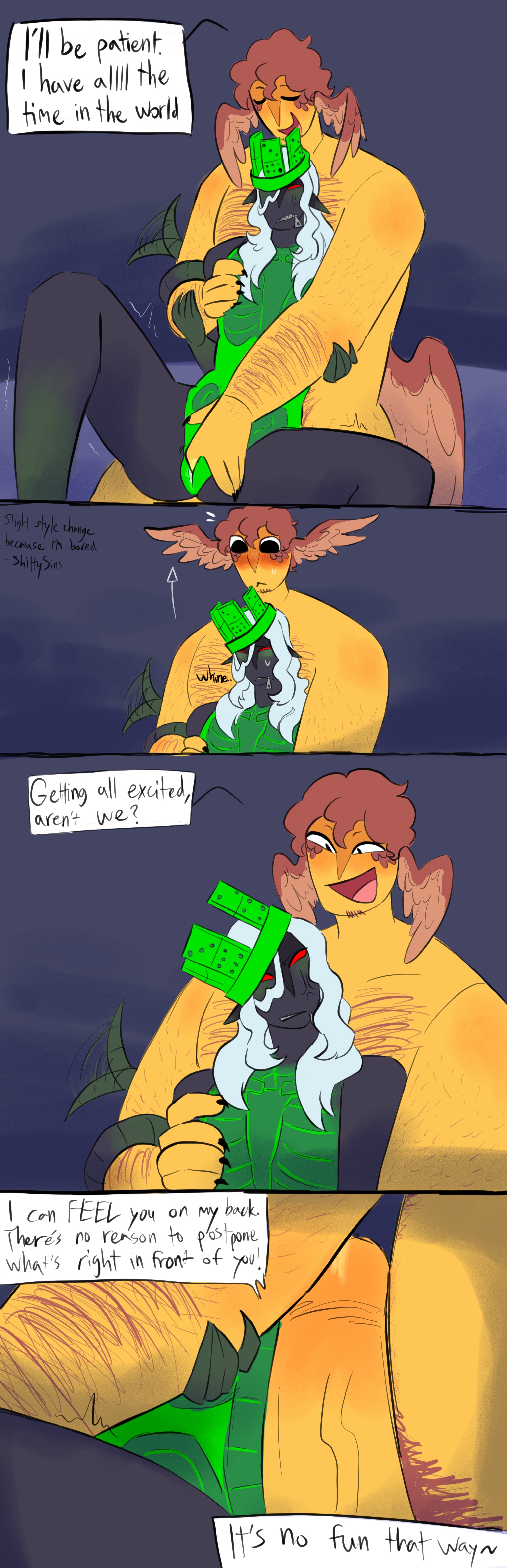 1x1x1x1, 1x1x1x1 (forsaken), betrayed 1x1x1x1, blush, brown hair, claws, comic, dilated pupils, elf ears, english text, fingering, fingering partner, forsaken (roblox), green blush, hairy, hairy arms, hairy chest, long hair, red blush, red eyes, roblox, roblox game, robloxian, self upload, shedletsky, shedletsky (forsaken), shittysins, short hair, tail, tail wagging, tail wrap, text, wagging tail, white hair, wings, wings on head, yellow body, zipper mouth