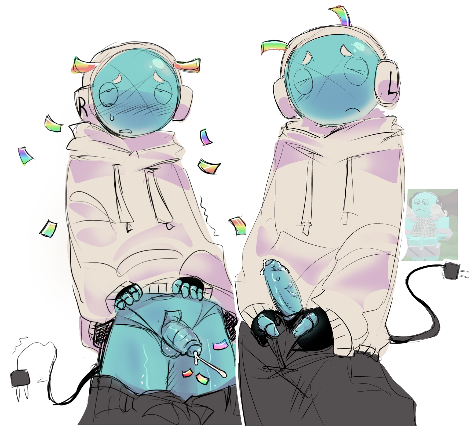 1boy, balls, blue body, blue skin, cum, die of death, die of death (roblox), headphones, hoodie, killdroid, killdroid (die of death), livedroid, male, official alternate costume, pants, pants down, penis, penis out, reference image, roblox, roblox game, robot, robot boy, robot dick, self upload, solo male, tagme, tikimedolf