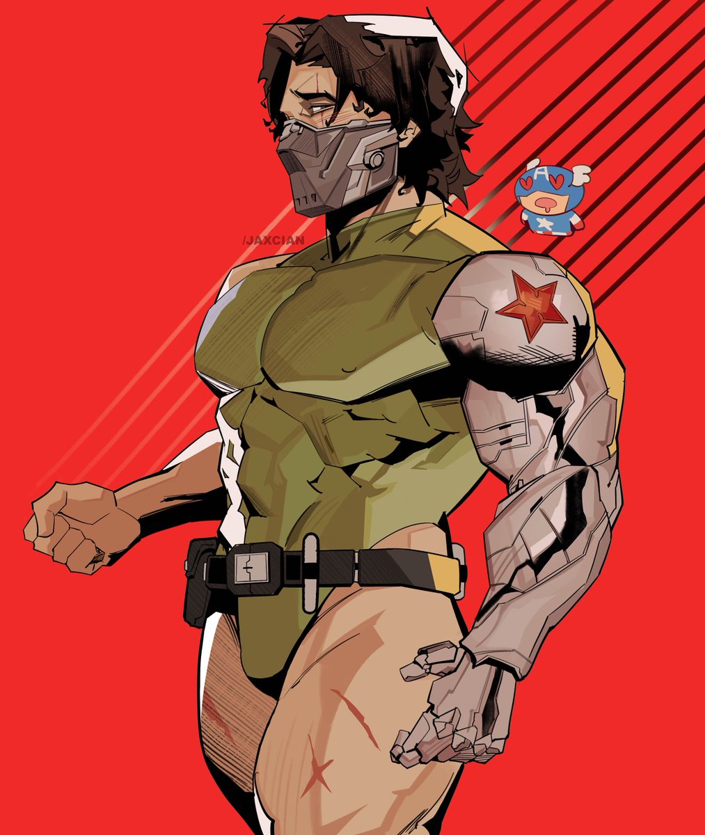 bara, bucky barnes, captain america, captain america (marvel rivals), chibi, cybernetic arm, dark hair, gay, heart, heart eyes, heart-shaped pupils, jaxcian, jaxxxed, male, male only, marvel, marvel comics, marvel rivals, mask, masked, masked male, muscular, muscular male, steve rogers, winter soldier, winter soldier (marvel rivals), yaoi