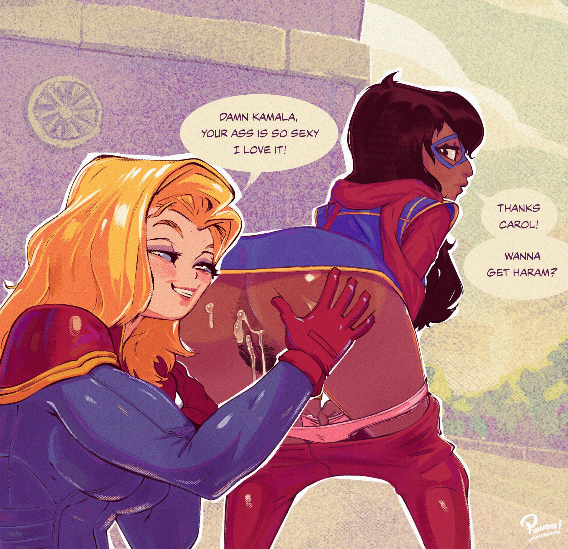 2d, 2girls, age difference, artist name, ass, bent over, black hair, blonde hair, bush, captain marvel, carol danvers, color, cum, cum in ass, cum inside, dark-skinned female, domino mask, english text, female, female only, female pubic hair, full color, grabbing ass, groping, groping ass, hairy pussy, kamala khan, lesbian, long hair, looking back, marvel, marvel comics, mask, ms. marvel, ms. marvel (kamala khan), muslim, muslim female, pakistani female, panties down, pants down, pinafore (artist), pubes, pubic hair, pussy, rear view, speech bubble, spread anus, spread ass, superheroine, yuri