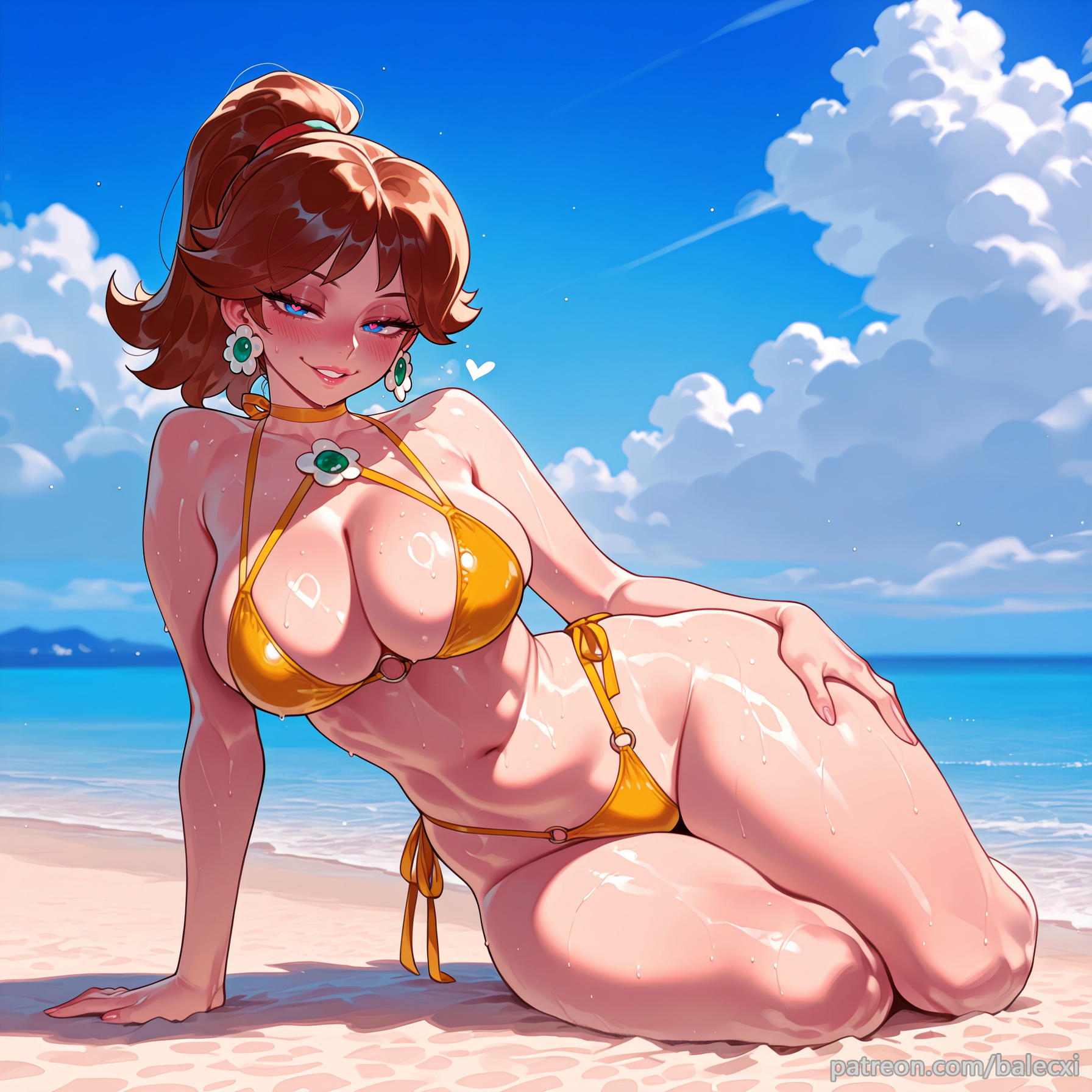 1girls, ai generated, arm support, balecxi, beach, blue eyes, blue sky, blush, breasts, brown hair, cleavage, cloud, day, earrings, female, female only, heart, heart-shaped pupils, highleg, highleg bikini, human, human only, jewelry, large breasts, light skin, light-skinned female, looking at viewer, mammal, mario (series), mature, mature female, navel, nintendo, ocean, outdoors, patreon username, ponytail, princess daisy, side-tie bikini bottom, sitting, smile, solo, stomach, swimsuit, thighs, voluptuous, voluptuous female, wet, yellow bikini