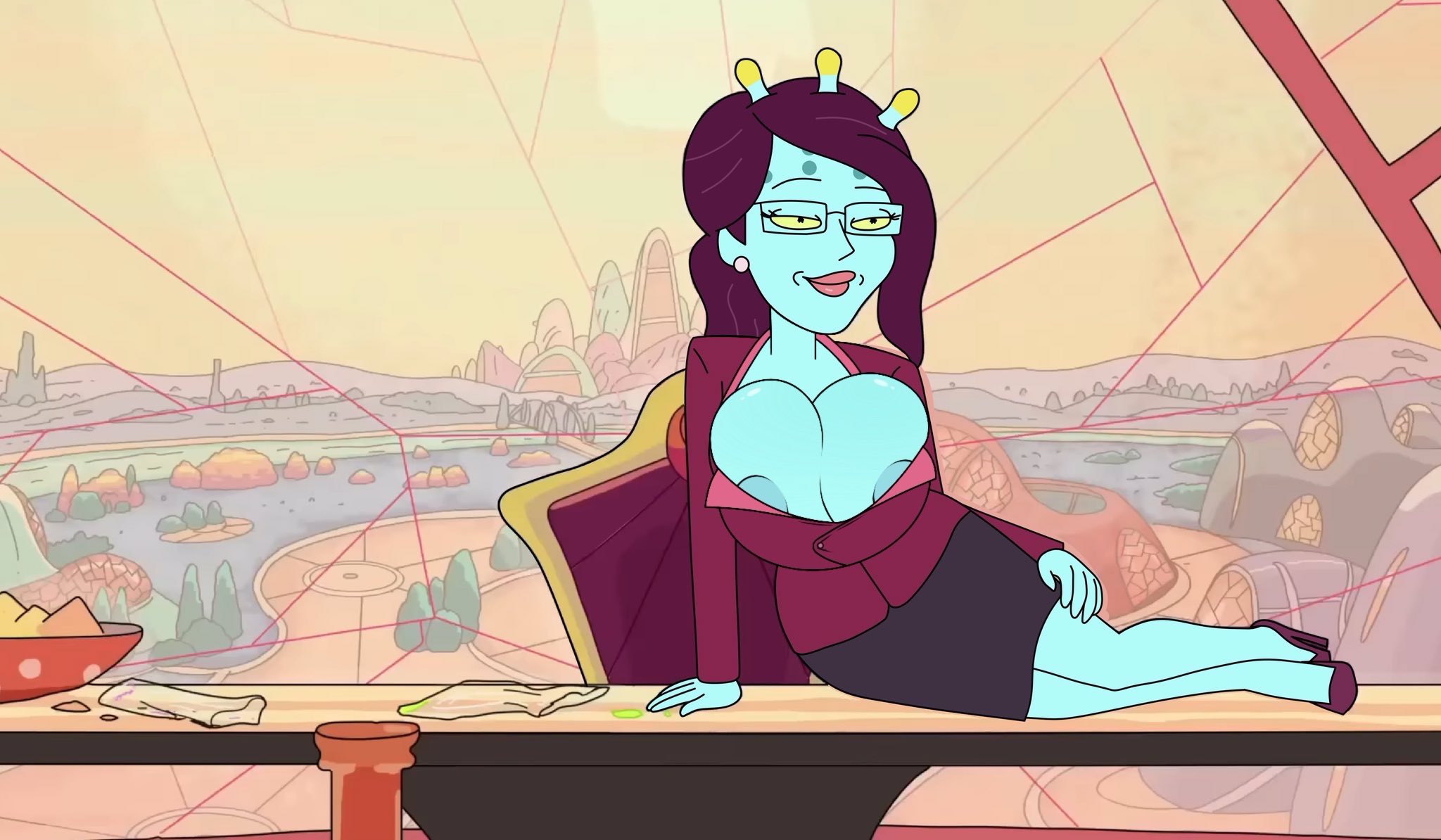accurate art style, adult swim, alien, alien girl, antennae (anatomy), background, big breasts, blue body, blue skin, breasts, breasts slip, clothing, conscious, dress, edited screencap, female, female only, glasses, huge breasts, mommy, nerota, office, office background, overflowing breasts, rick and morty, screencap, screenshot, screenshot edit, tagme, unity (rick and morty)