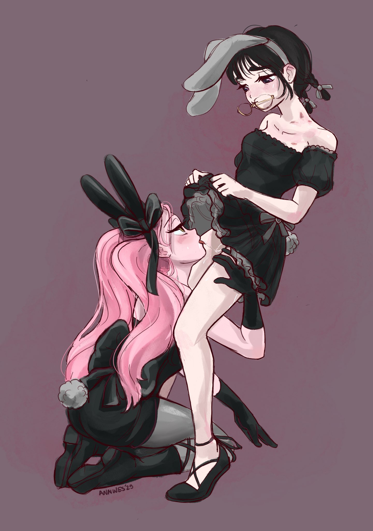 2girls, after cunnilingus, alien stage, animal ears, annwes80, black dress, black gloves, black hair, black shoes, dress, fake animal ears, female, glasses, glasses in mouth, hickey, long hair, mizi (alien stage), official alternate costume, pink hair, rabbit ears, rabbit tail, saliva trail, signature, skirt lift, sua (alien stage), tongue out, twin braids, yuri