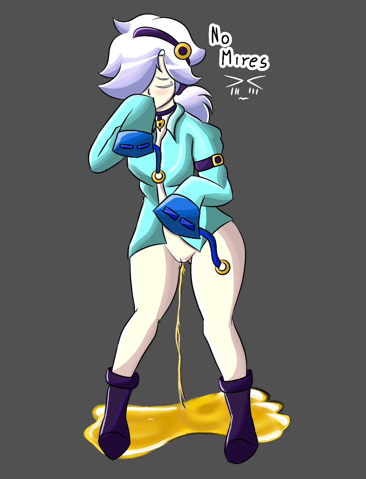 1girls, ashamed, avoiding eye contact, blue hair, blush, blush lines, boots, bottomless, bottomless female, brawl stars, closed eyes, colette (brawl stars), covering mouth, embarrassed, embarrassed female, female, female focus, female only, fetish urine, footwear, front view, half-naked, labia, labia majora, long sleeves, peeing, peeing on floor, pussy, pussy juice drip, shirt, simple background, sleeves past wrists, solo, solo female, solo focus, spanish text, standing, standing pee, topwear, urinating, urinating female, urine, urine pool, urine stream, vulva, watersports, white hair