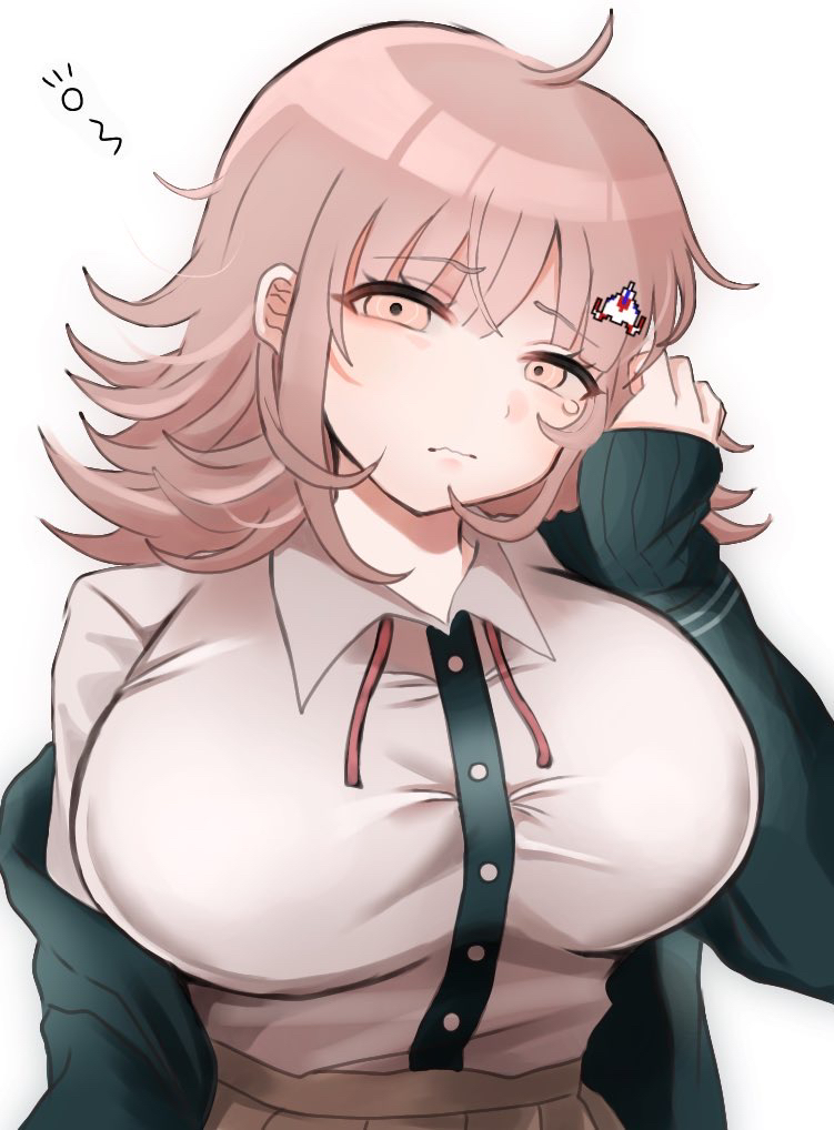 blush, breasts, brown hair, collared shirt, danganronpa, danganronpa (series), danganronpa 2: goodbye despair, female, flipped hair, hair ornament, hood, ikemen'na ore-shi, jacket, large breasts, long sleeves, looking at viewer, medium hair, nanami chiaki, neck ribbon, open clothes, open jacket, pink eyes, pink ribbon, pleated skirt, ribbon, shirt, skirt, sleepy, solo, squeans, white shirt