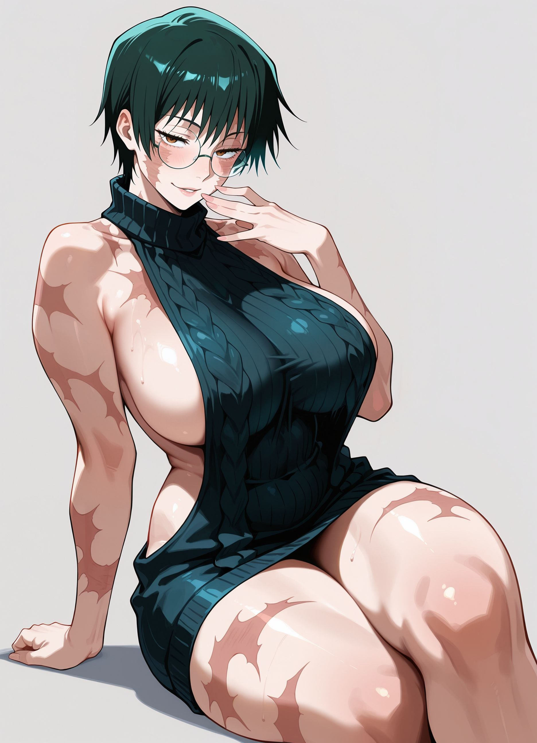 1girls, 2025, ai generated, big breasts, breasts, brown eyes, brown hair, burn scar, curvaceous, curvy, curvy body, curvy female, curvy figure, detached sleeves, detailed, embarrassed, female, female focus, female only, glasses, green hair, hi res, highres, illumaru, jujutsu kaisen, large breasts, looking at viewer, navel, patreon username, round glasses, scar, scar over eye, scars all over, short green hair, short hair, sideboob, sitting, skimpy, sleeveless turtleneck, solo, stable diffusion, sweater, thick thighs, thighhighs, thighs, thong, tomboy, underboob, very short hair, virgin destroyer sweater, voluptuous, voluptuous female, wide hips, zenin maki