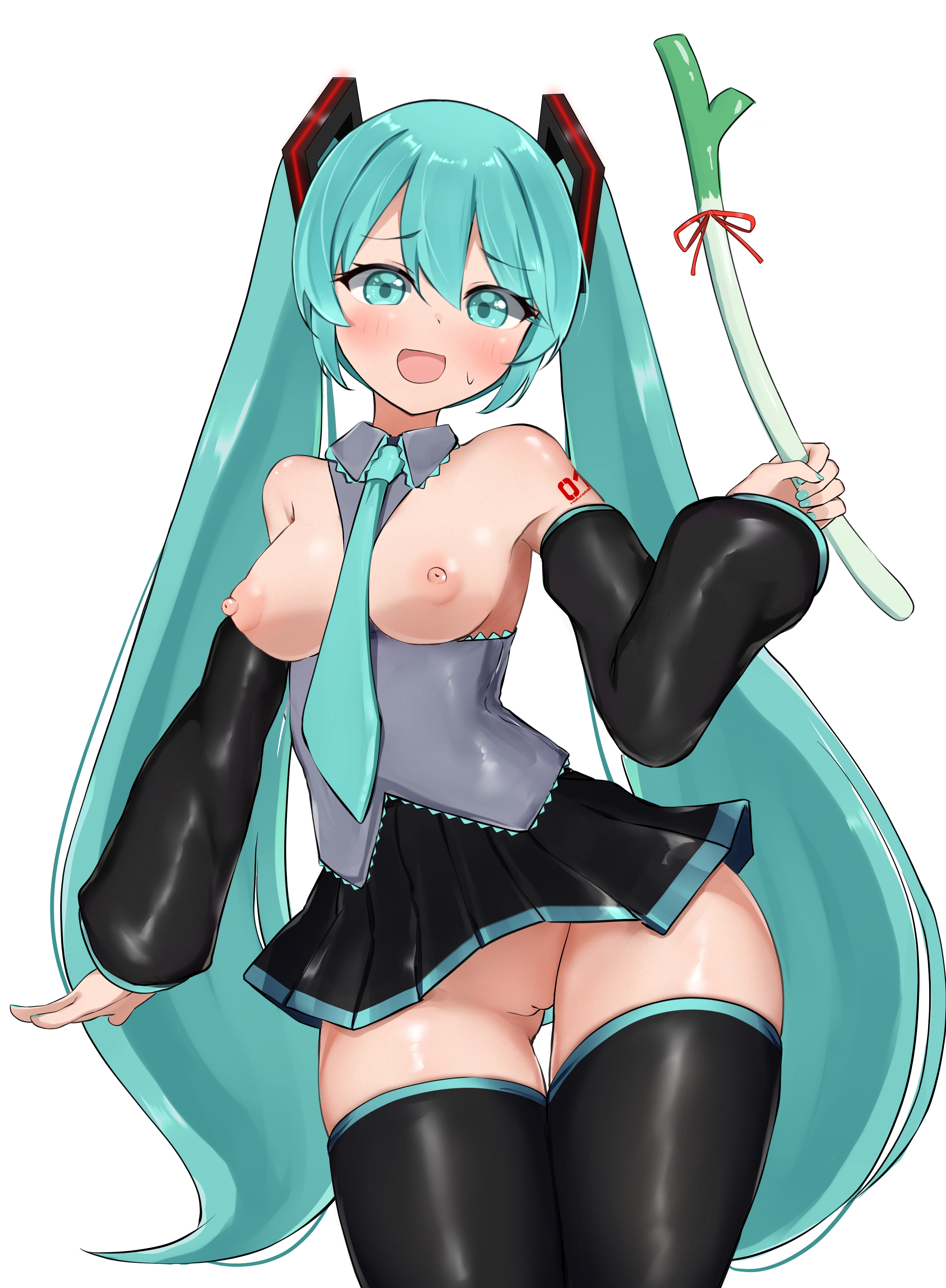 1girl, aqua eyes, aqua hair, aqua nails, aqua necktie, ass visible through thighs, bangs, bare shoulders, between breasts, black skirt, black sleeves, black thighhighs, blush, breasts, breasts out, cleft of venus, cowboy shot, detached sleeves, exposed breasts, exposed pussy, female, food, grey shirt, hair between eyes, hatsune miku, holding, holding food, holding vegetable, long hair, looking at viewer, medium breasts, necktie, necktie between breasts, nipples, no panties, nude, open mouth, pleated skirt, pussy, shirt, simple background, skirt, smile, solo, spring onion, sweatdrop, tattoo, thighhighs, twintails, uncensored, vegetable, very long hair, white background