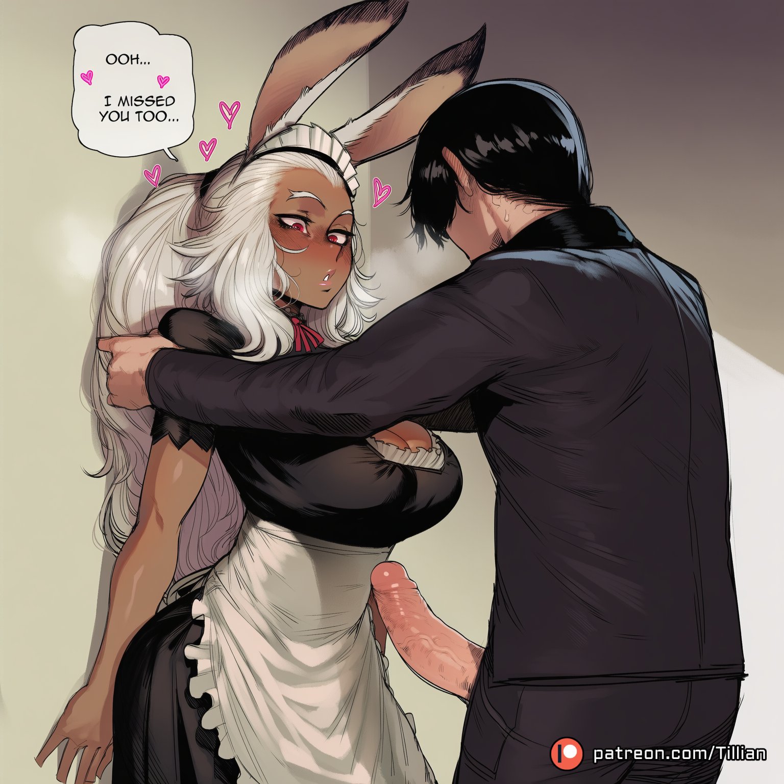 1boy, against wall, ai generated, animal ears, apron, assertive female, black dress, black hair, blush, breasts, breath, cleavage, dark skin, dark-skinned female, dress, english text, enmaided, erection, female, final fantasy, final fantasy xii, fran (ffxii), frilled apron, frills, hands on another's shoulders, heart, heart-shaped pupils, heavy breathing, imminent penetration, interracial, kabedon, large breasts, large penis, lips, long hair, looking at another, looking at penis, maid, maid apron, maid headdress, male, nose blush, pants, parted lips, patreon logo, patreon username, penis, penis awe, penis out, ponytail, rabbit ears, rabbit girl, red eyes, short hair, short sleeves, speech bubble, spoken heart, straight, suit, sweat, tillian, uncensored, veins, veiny penis, viera, waist apron, white apron, white hair