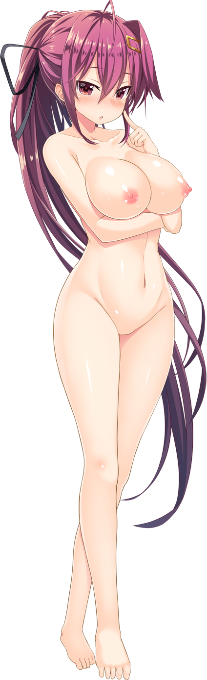 5240mosu :o barefoot blush breasts collarbone female finger_to_cheek full_body greatmosu hair_ornament hair_ribbon hairclip highres index_finger_raised large_breasts long_hair looking_at_viewer natsuiro_koi_uta navel nipples nude official_art ponytail purple_hair red_eyes ribbon solo takanashi_hikaru tied_hair transparent_background very_long_hair