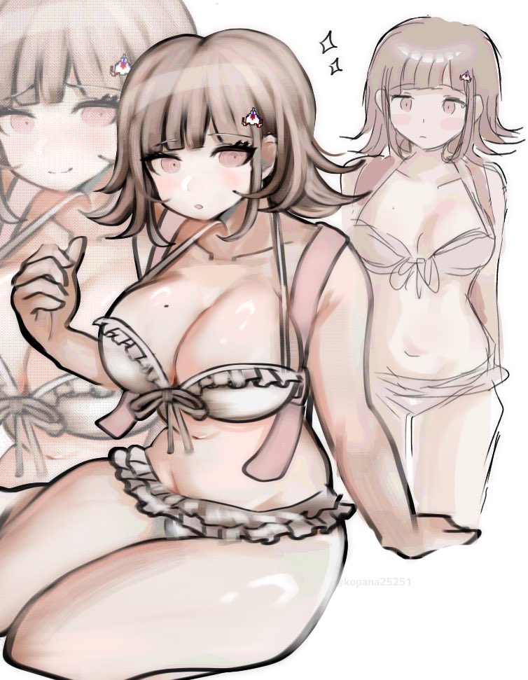adorable, adorable face, adorable girl, arm support, big breasts, bikini, breasts, brown hair, busty female, curvaceous, curvy, curvy body, curvy female, curvy figure, curvy hips, cute, cute but busty, cute face, cute female, danganronpa, danganronpa (series), danganronpa 2: goodbye despair, female, flipped hair, hair ornament, hand up, hourglass figure, huge breasts, ikemen'na ore-shi, large breasts, looking at viewer, medium hair, mole, mole on breast, multiple views, nanami chiaki, pink eyes, ribbon, sitting, swimsuit, voluptuous, voluptuous female, white bikini