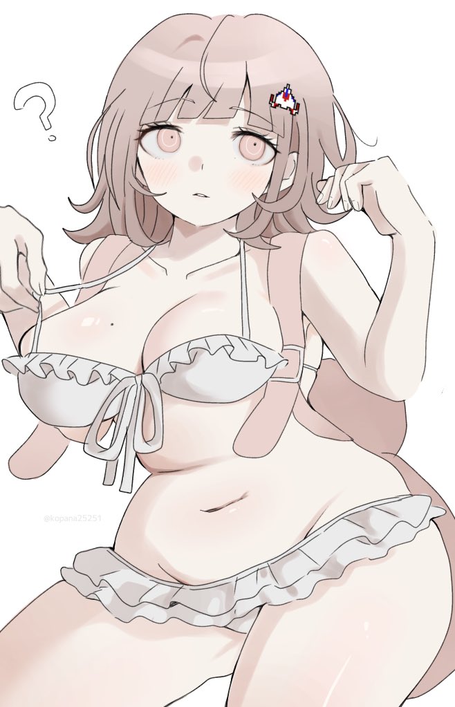 ?, adorable, adorable face, adorable girl, animal bag, big breasts, blunt bangs, breasts, busty, busty female, cat bag, collarbone, cowboy shot, curvaceous, curvy, curvy body, curvy female, curvy figure, curvy hips, cute, cute but busty, cute face, cute female, cute girl, danganronpa, danganronpa (series), danganronpa 2: goodbye despair, female, hands up, hourglass figure, huge breasts, ikemen'na ore-shi, large breasts, looking at viewer, medium hair, mole, mole on breast, nanami chiaki, navel, pink bag, pink eyes, plump, shiny skin, simple background, solo, stomach, voluptuous, voluptuous female, white background