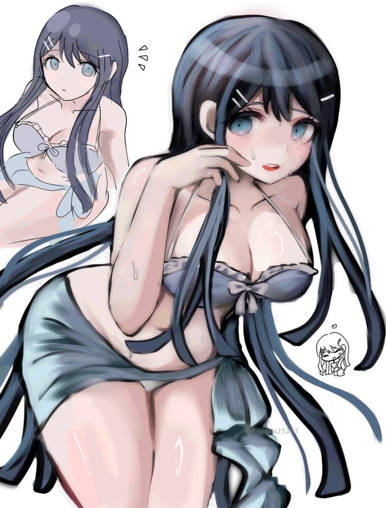 :d, bikini, black hair, blue eyes, blush, breasts, cleavage, danganronpa, danganronpa (series), danganronpa: trigger happy havoc, female, hair ornament, hairclip, hand up, ikemen'na ore-shi, large breasts, long hair, maizono sayaka, multiple views, official alternate costume, open mouth, shiny skin, smile, sweat, swimsuit, teeth, upper teeth only