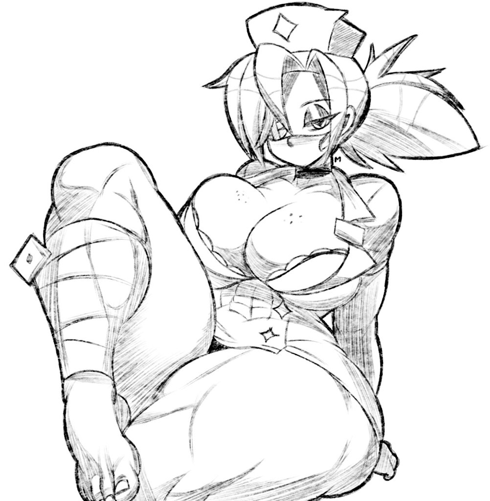 ass visible through thighs, bottom heavy, breasts, cleavage, feet, female, freckles on breasts, gigantic ass, gigantic thighs, greyscale, huge breasts, hyper ass, hyper thighs, monochrome, muscular, muscular thighs, one leg up, sketch, skullgirls, toes, valentine (skullgirls)