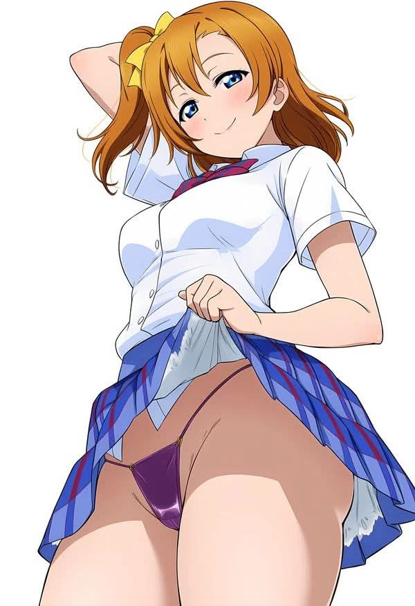 kousaka honoka, love live!, love live! school idol project, purple panties, school uniform, seductive eyes, seductive smile, showing panties, unknown artist, yellow bowtie